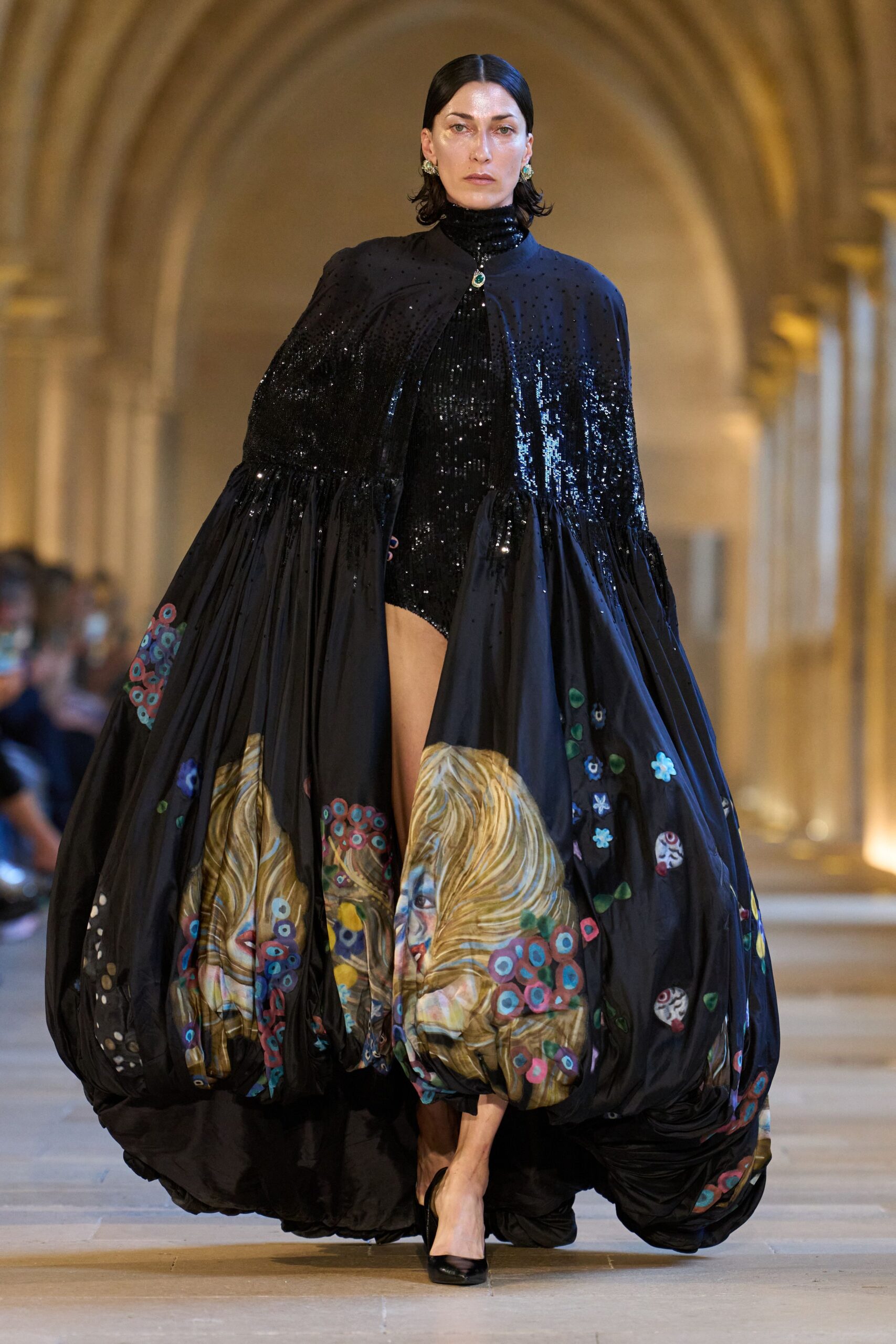black sequin long-sleeve collared structured draped embroidered cape