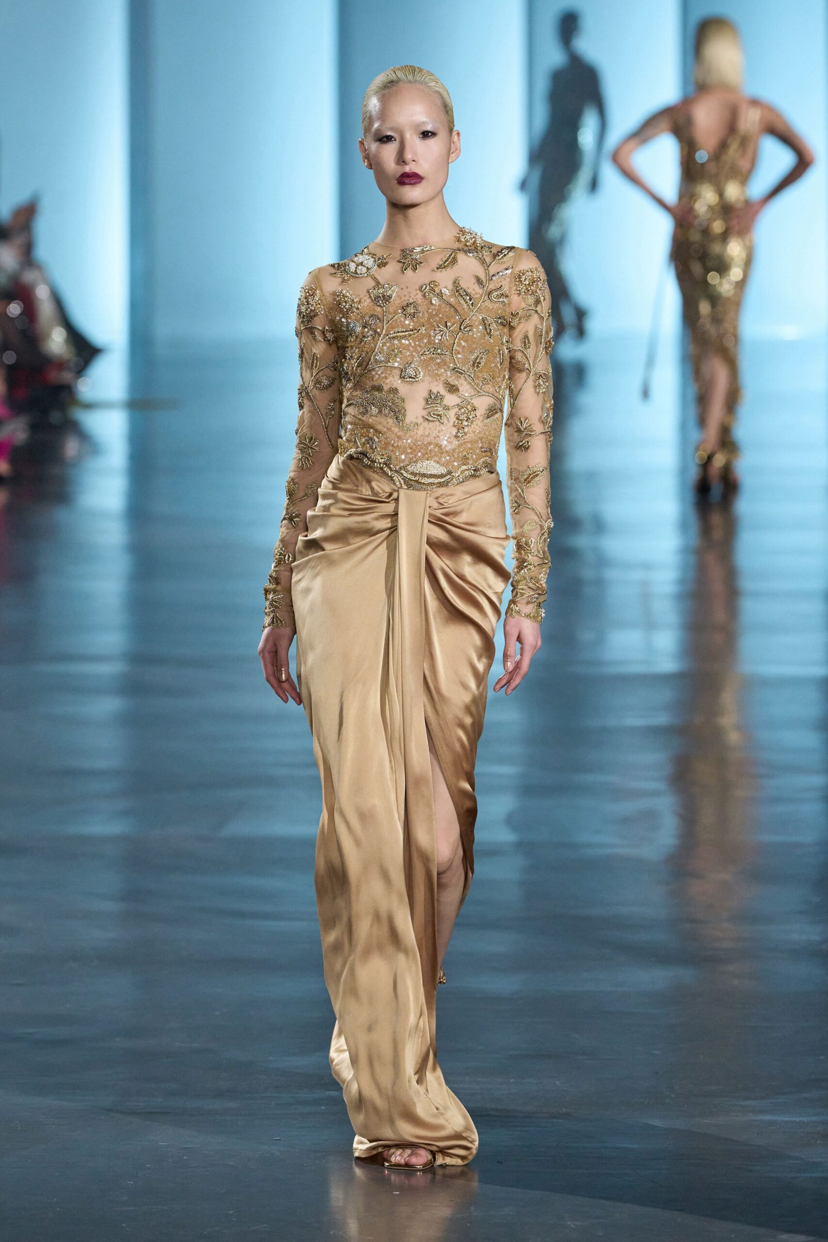 gold silk long-sleeve v-neck fitted embroidered draped gown