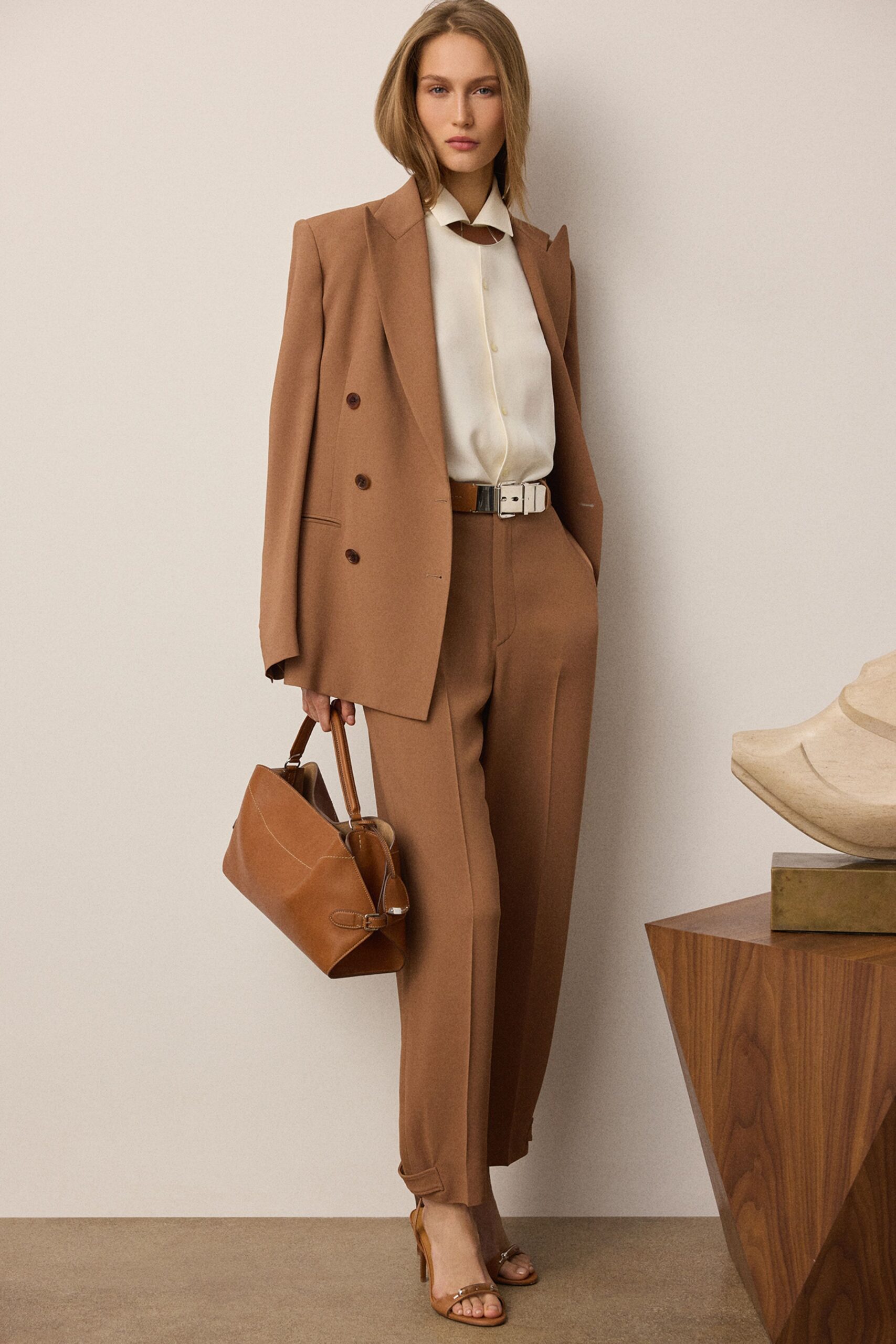 brown wool tailored high-waisted straight-leg pants