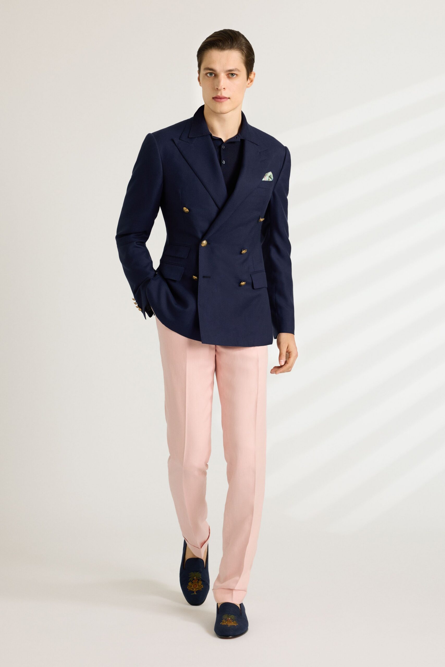 blue tailored blazer pink pants