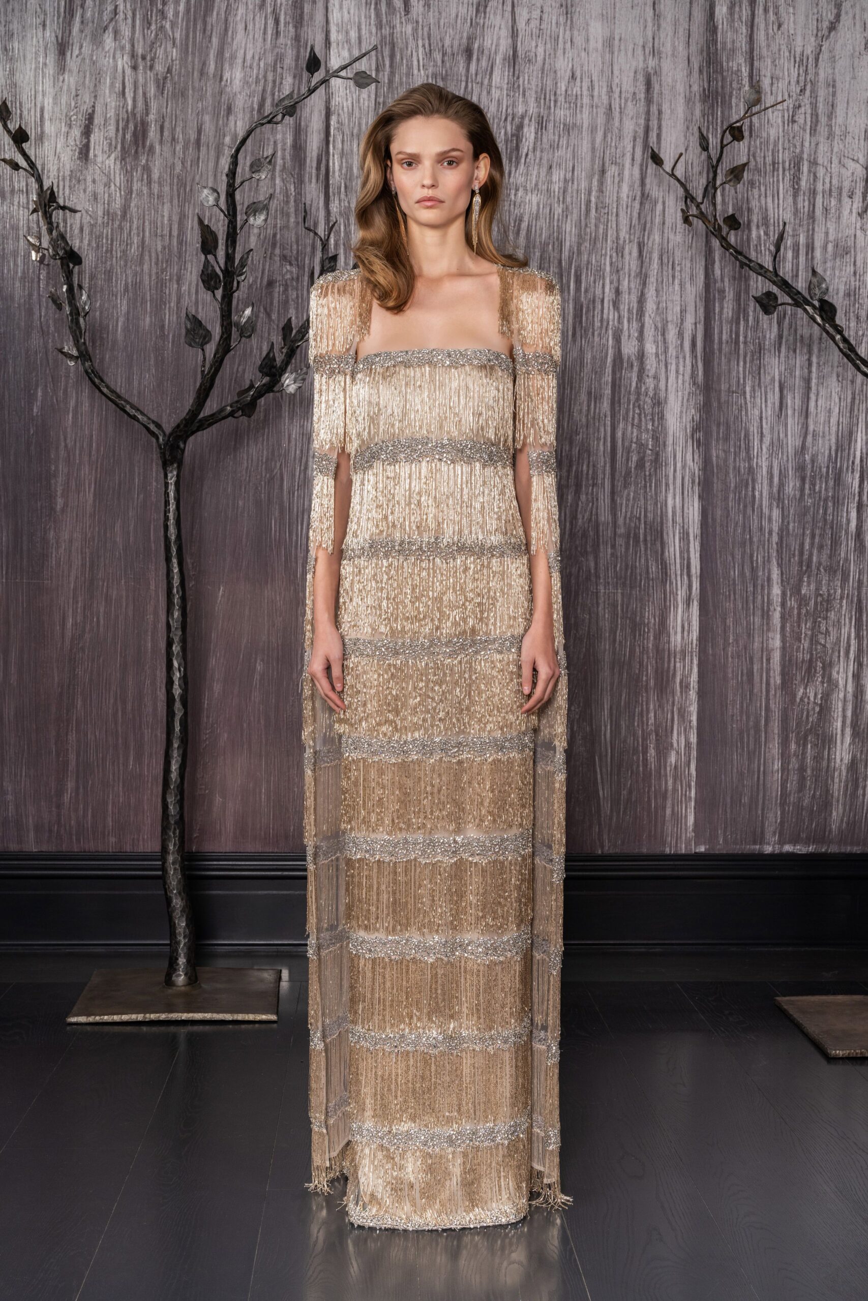 gold beaded sleeveless gown