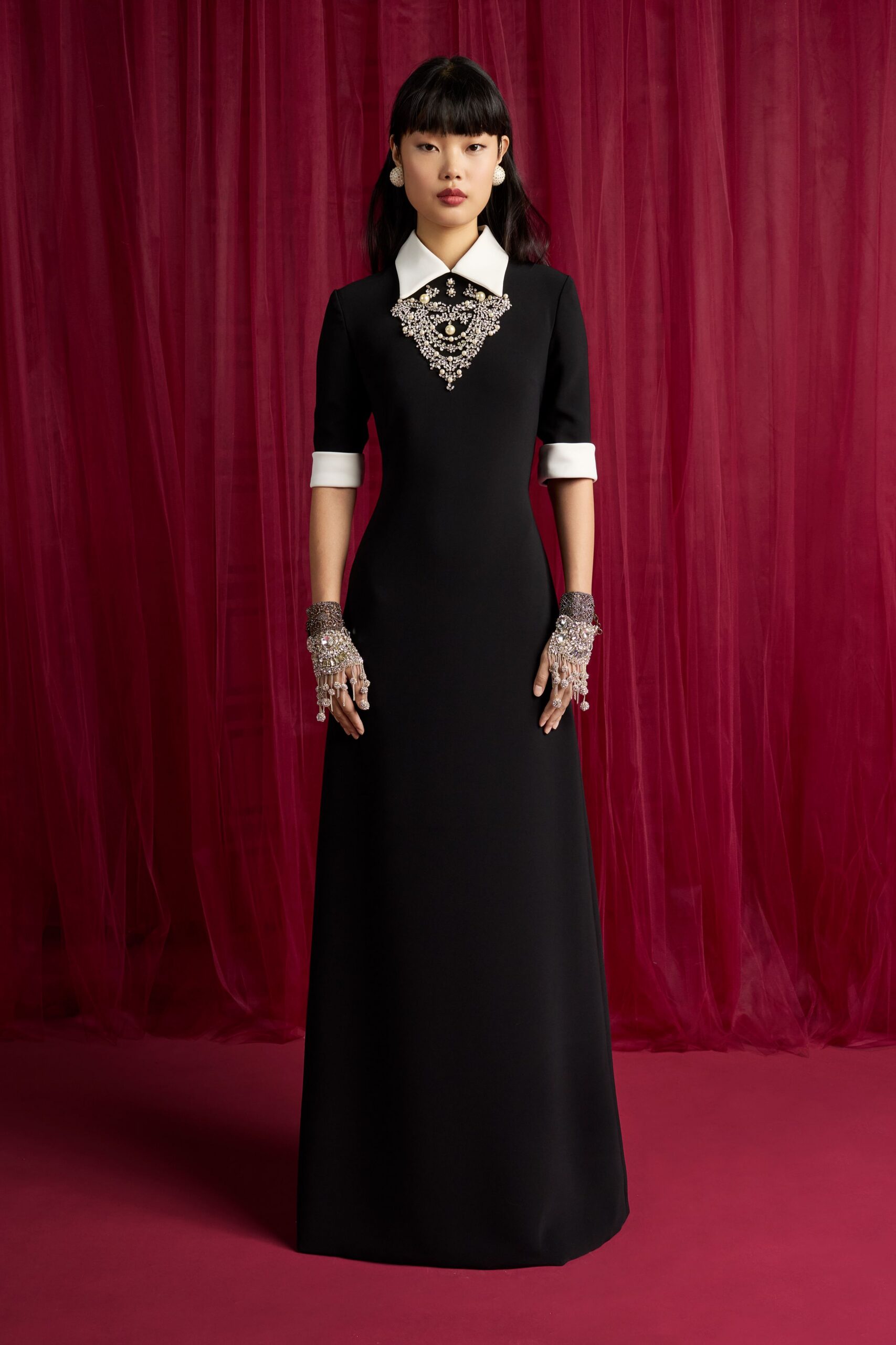 black fitted collared gown