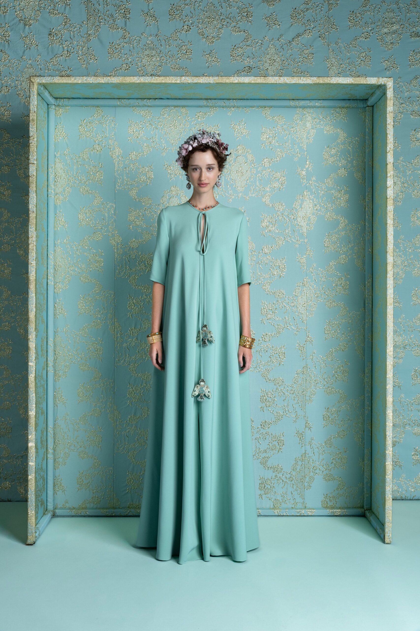 blue silk fitted gown
