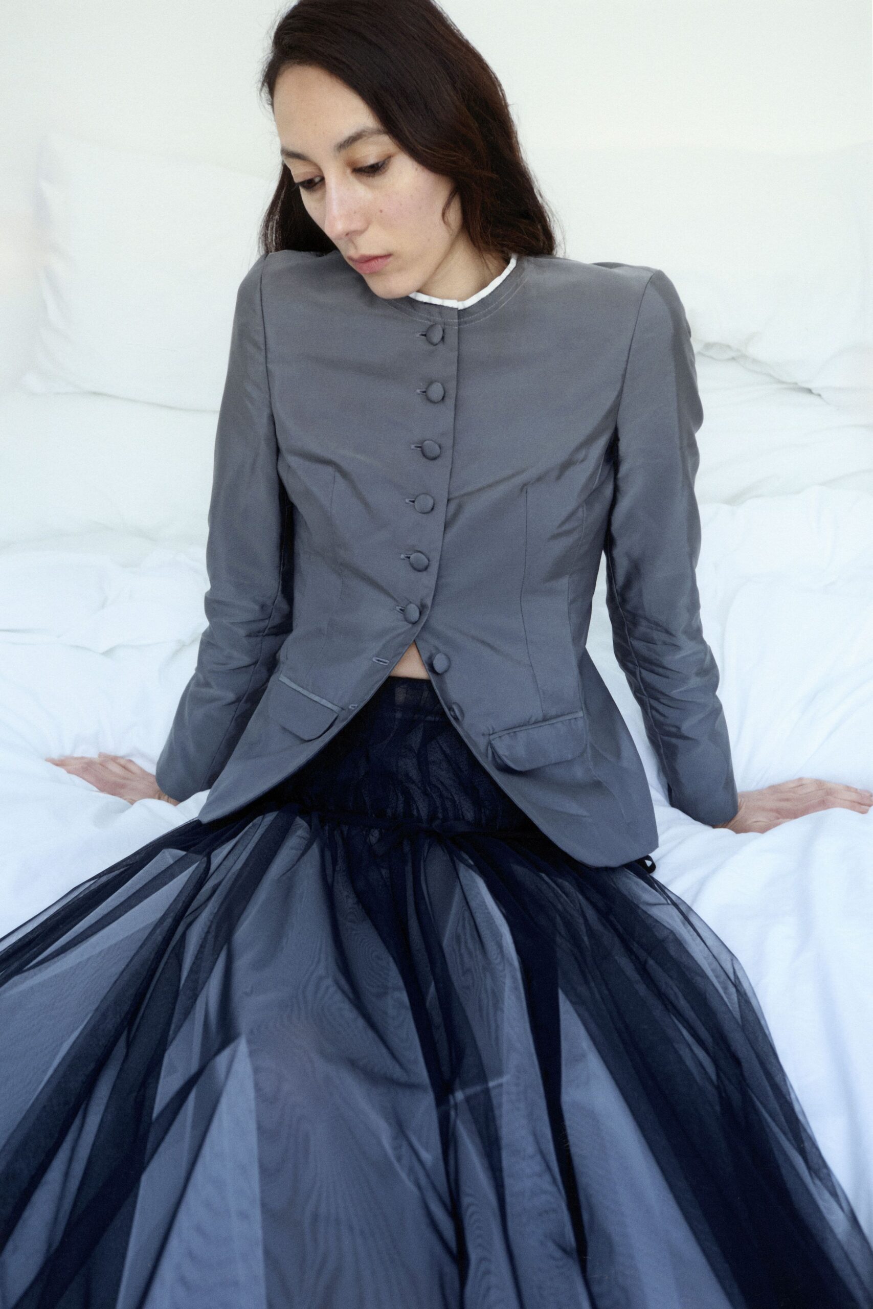 gray silk blazer black tulle skirt