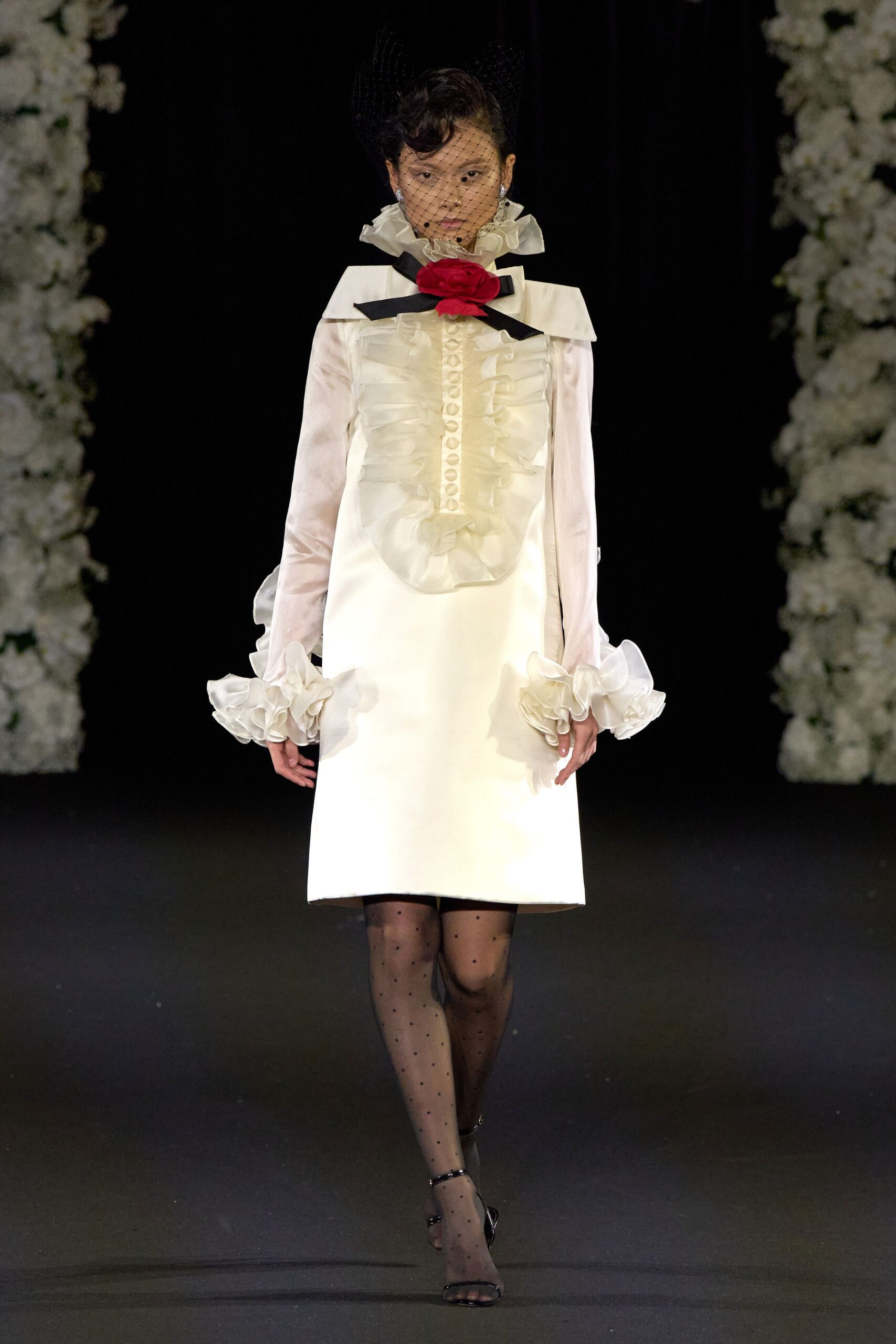 white silk long-sleeve collared fitted ruffled pleated dress