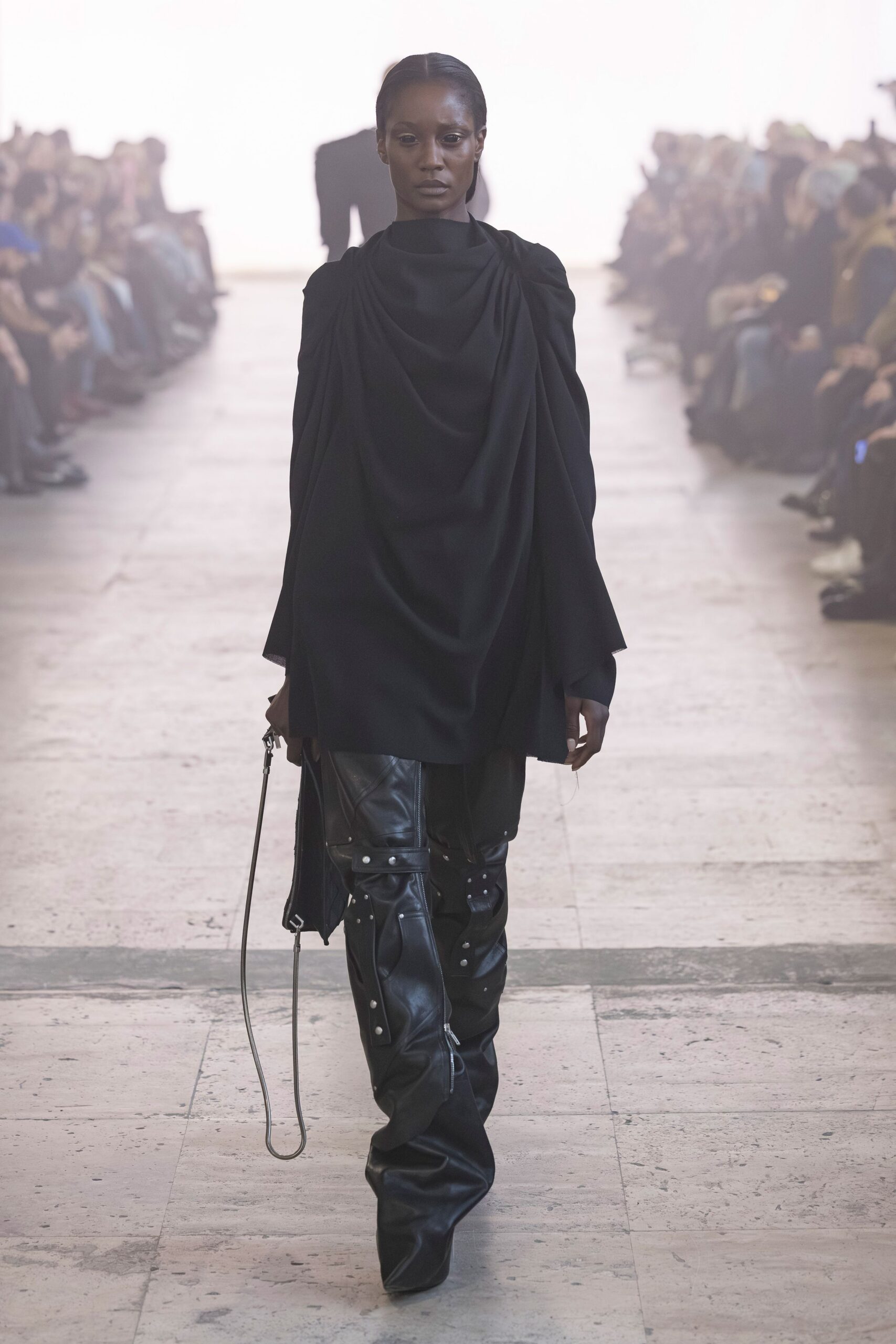black draped top with leather pants