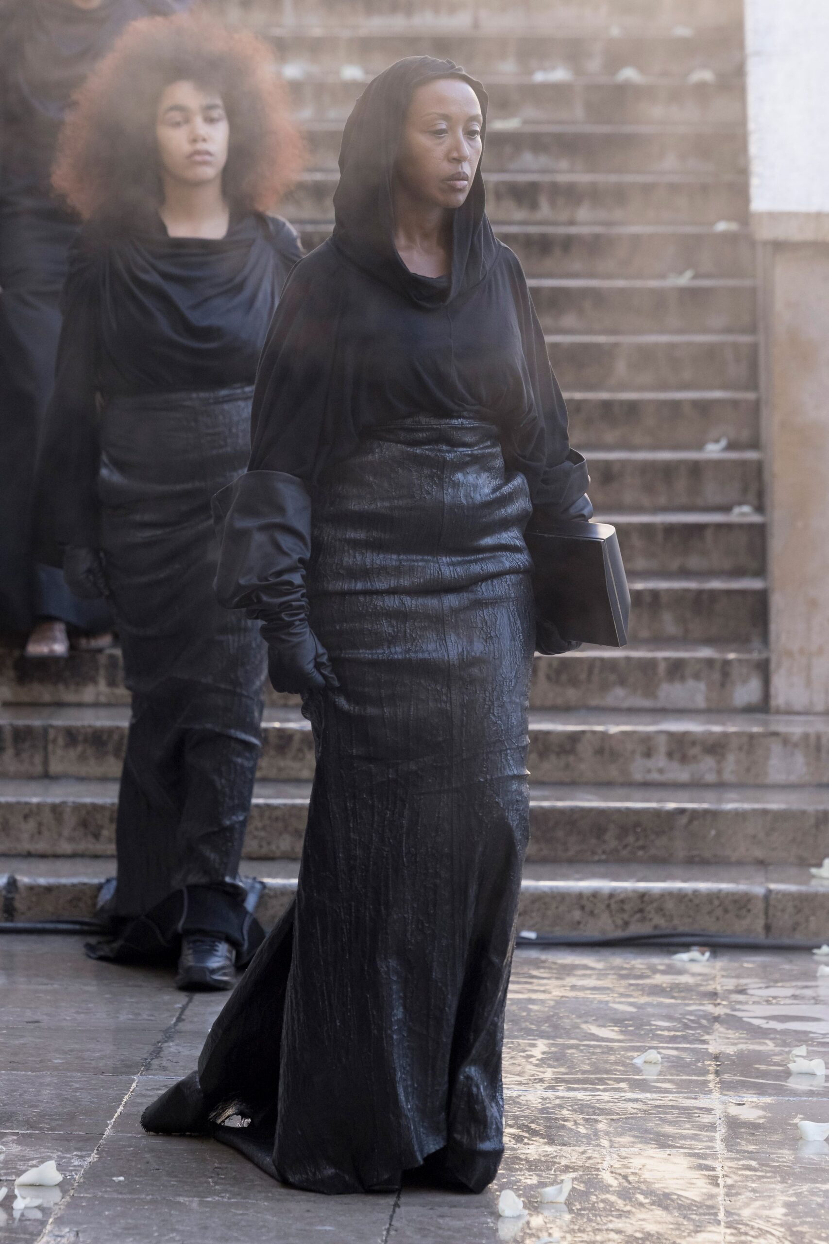 black leather fitted gown