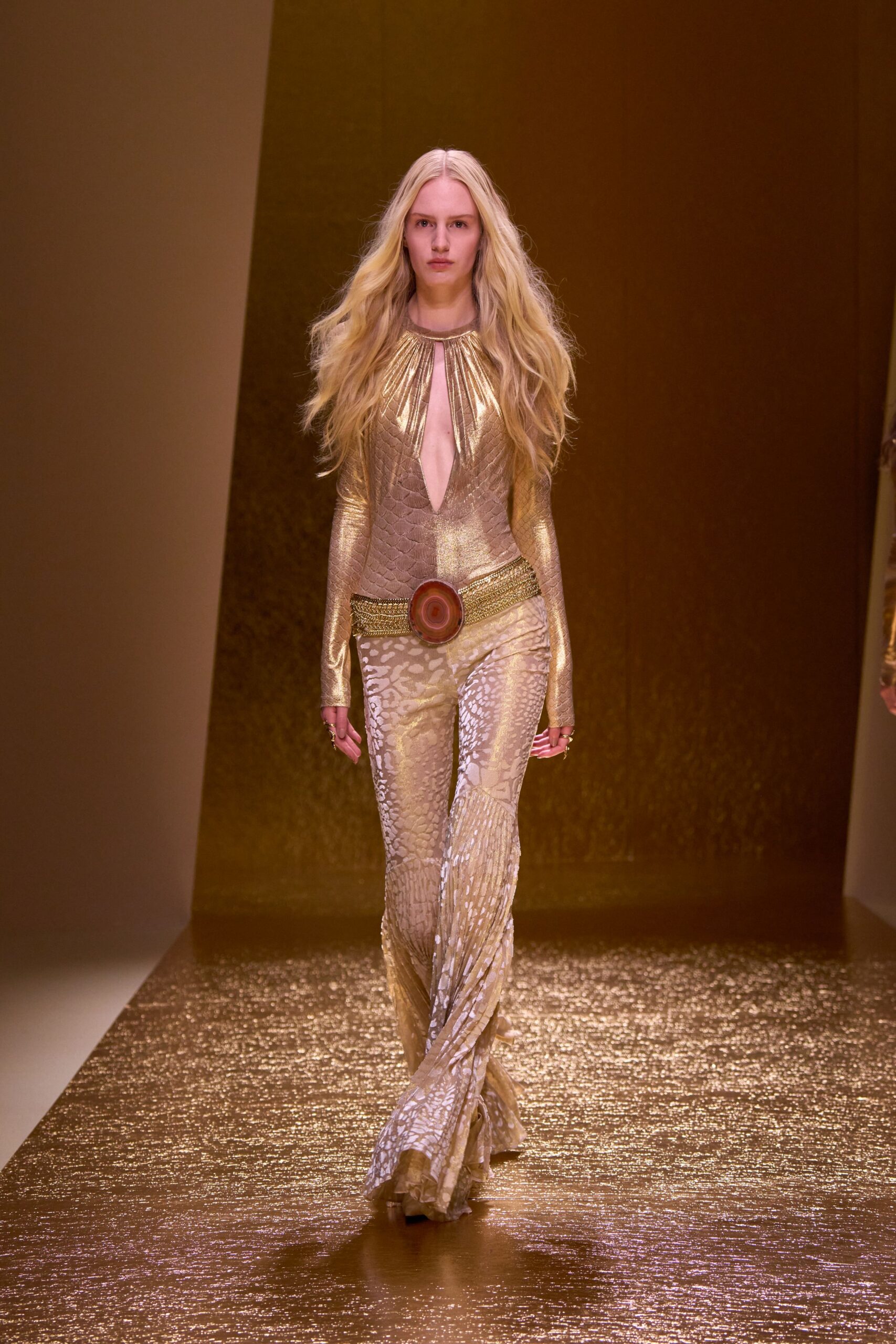 gold metallic long-sleeve v-neck fitted pleated zippered gown