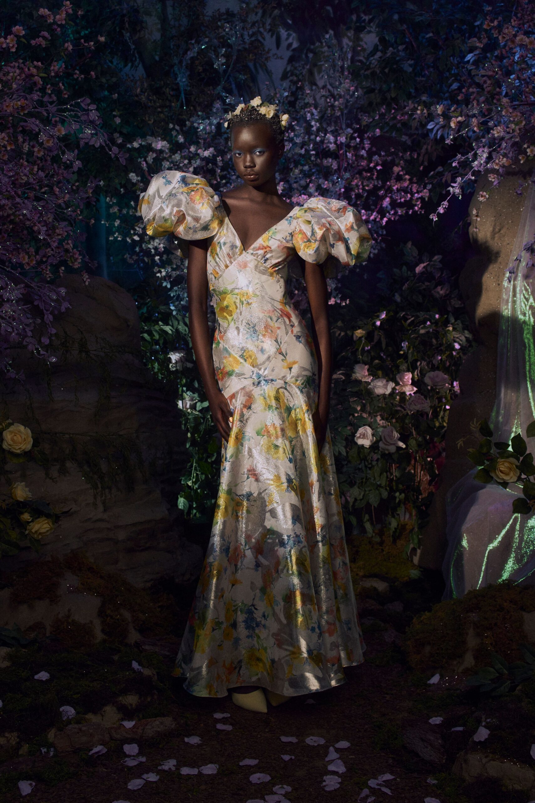 multi silk short-sleeve v-neck fitted floral flared gown