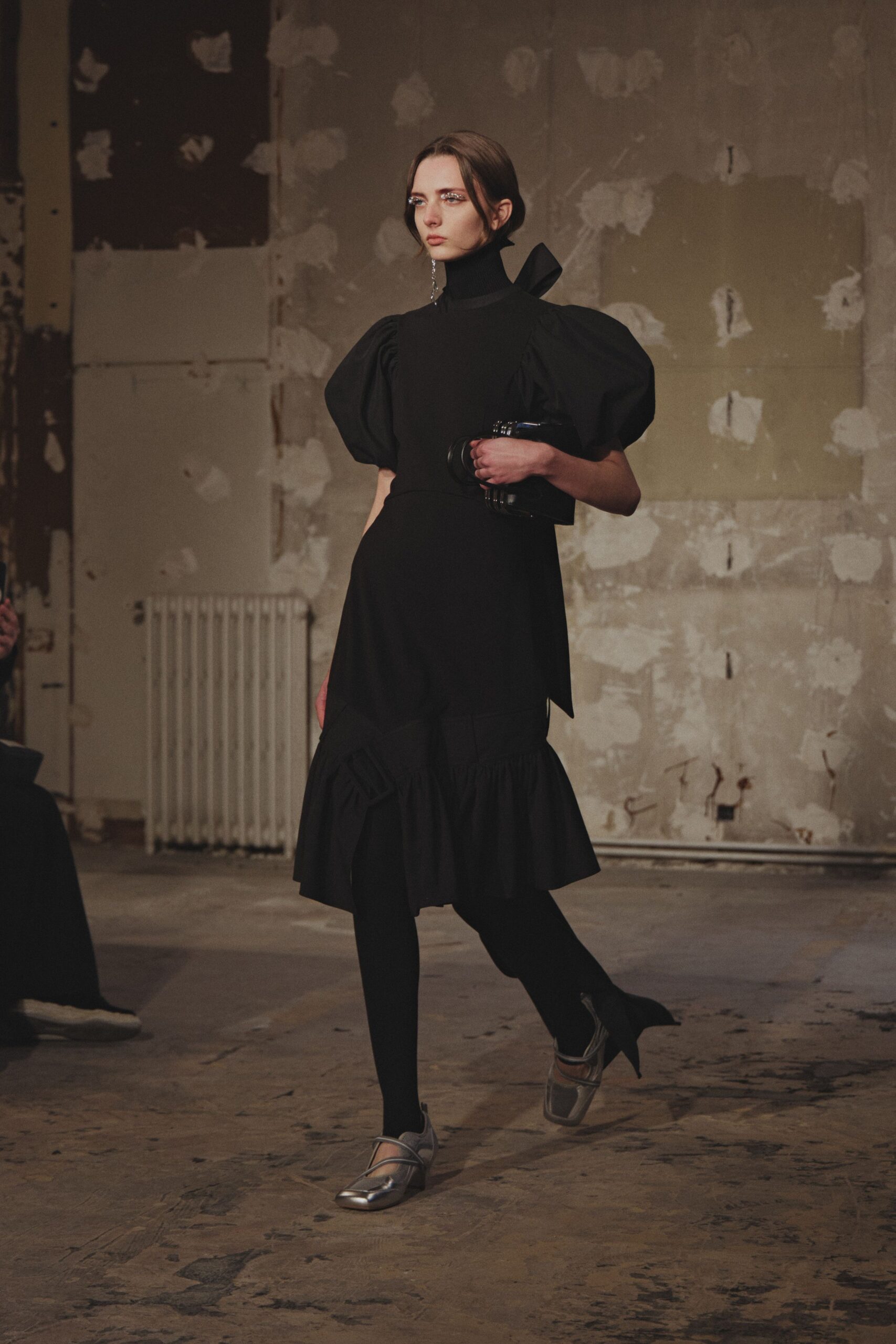 black cotton short-sleeve high-neck fitted ruffled tiered dress