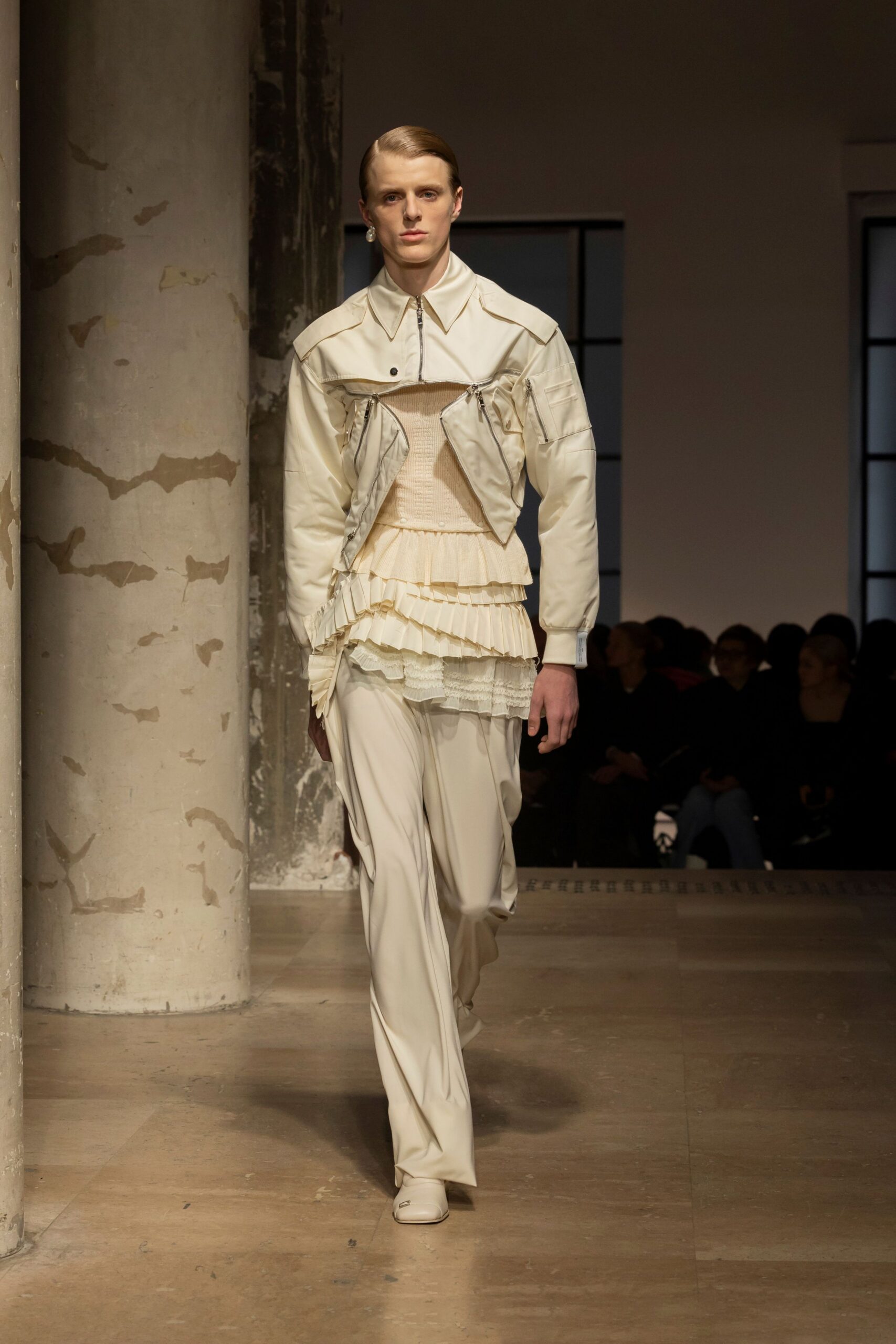 white leather long-sleeve collared fitted zippered fringed jacket