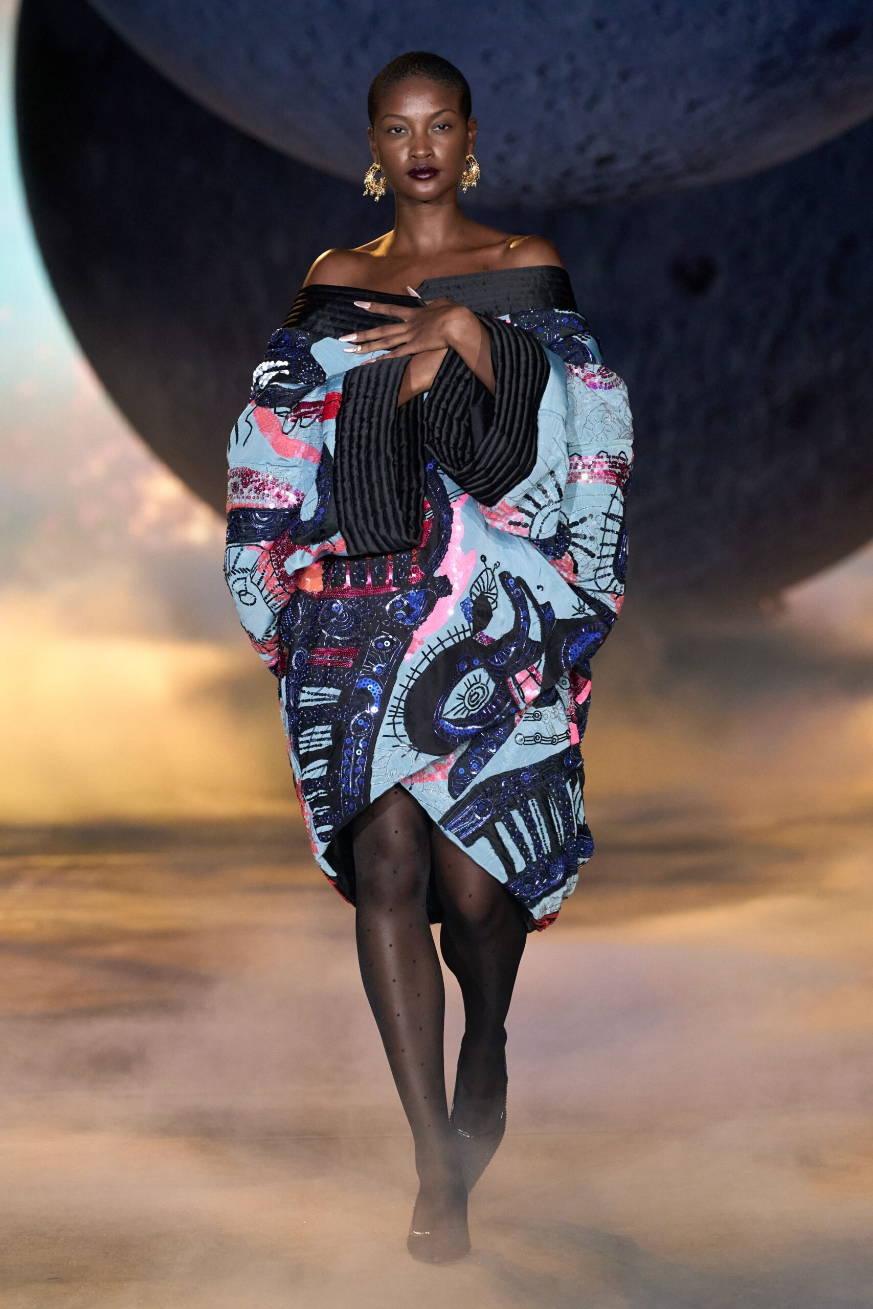 blue silk off-shoulder relaxed printed short dress