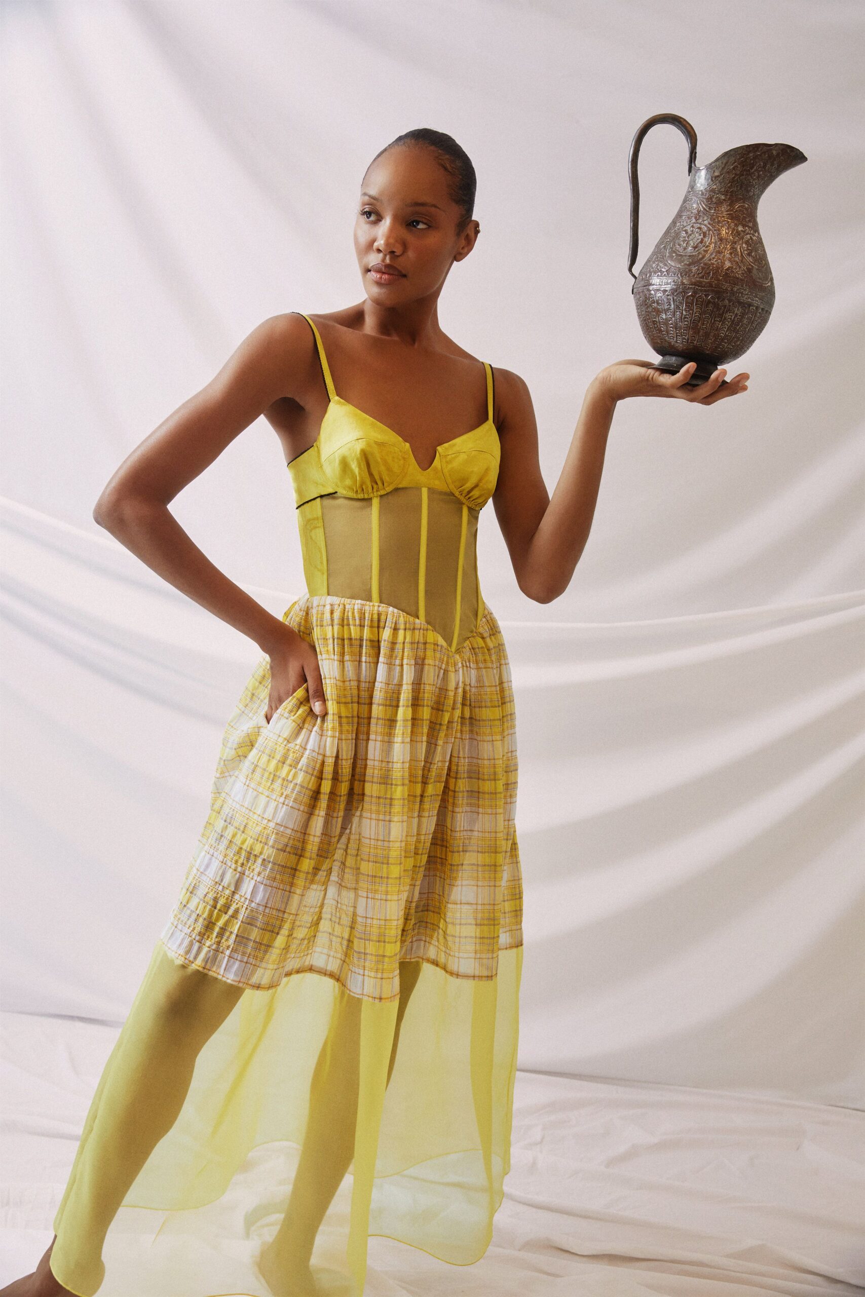 yellow cotton sleeveless v-neck fitted pleated layered dress
