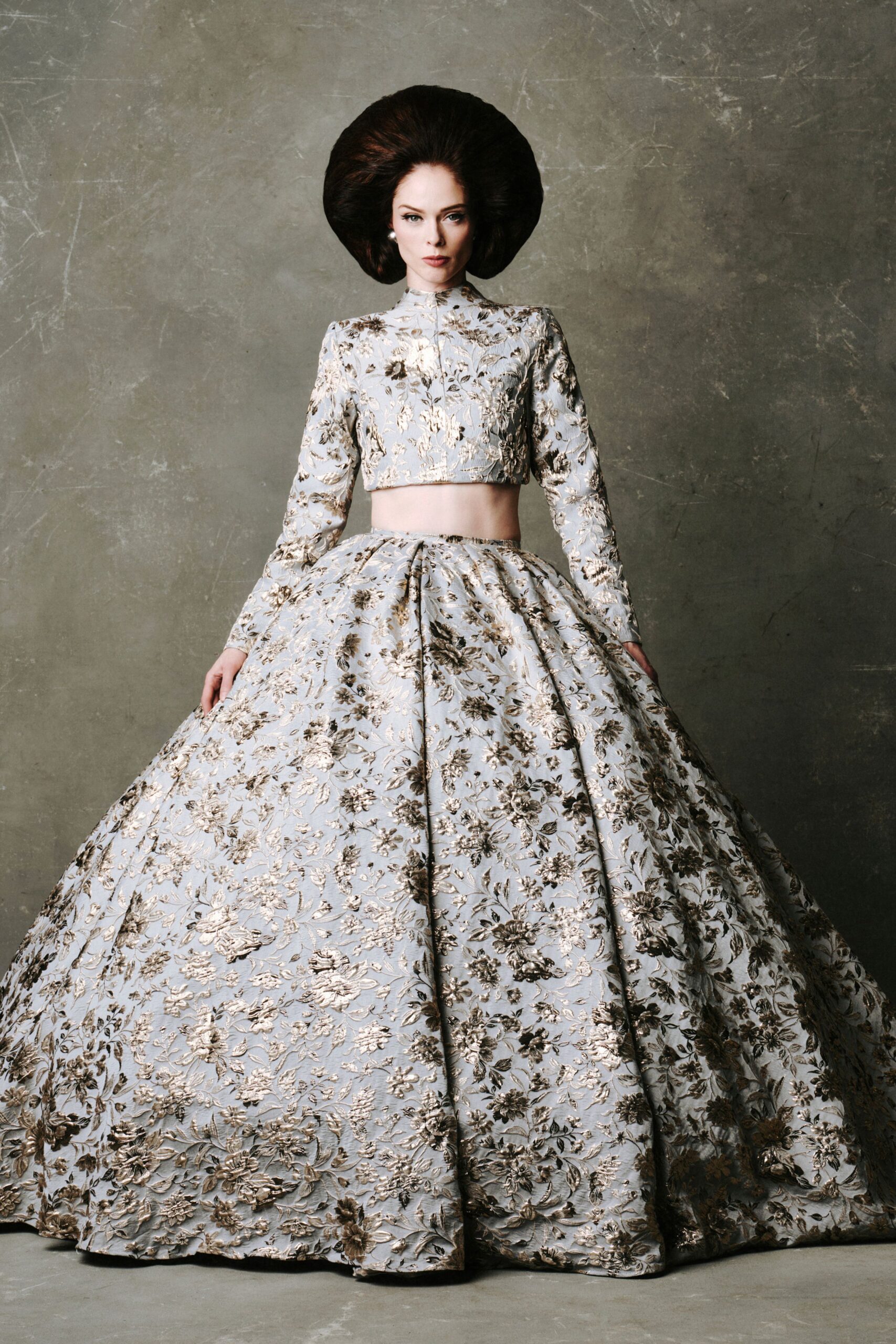 gold silk long-sleeve collared fitted embroidered cropped crop-top