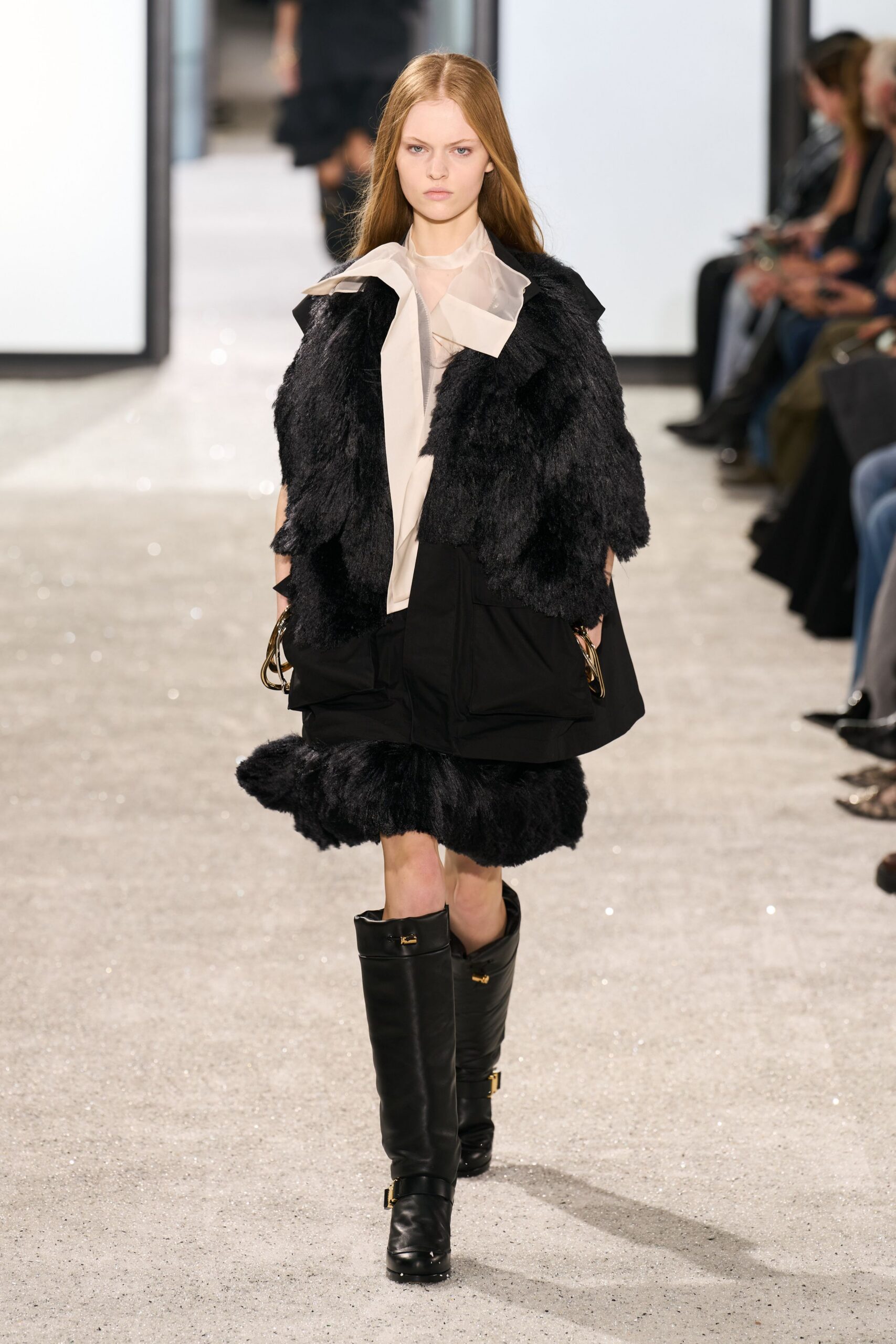 black fur coat with white blouse