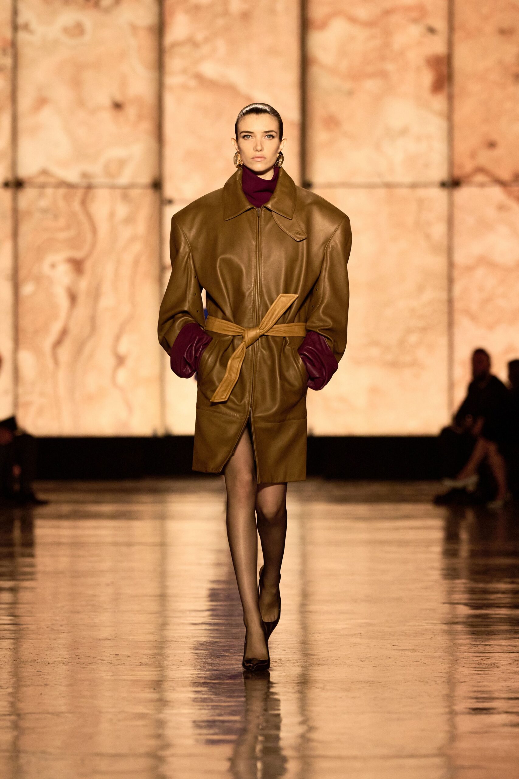 brown leather long-sleeve collared oversized belted coat