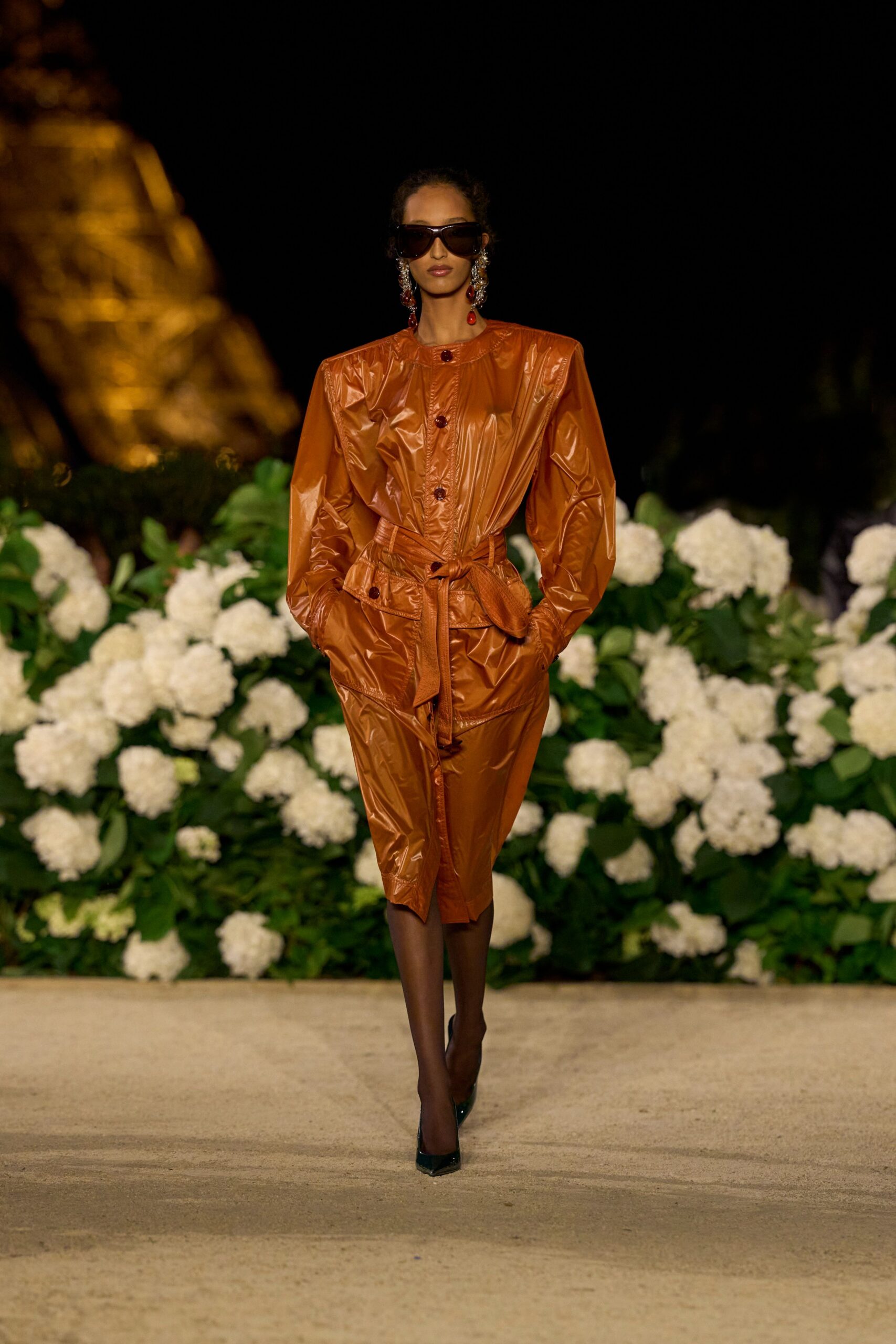 orange vinyl long-sleeve collared fitted zippered belted dress