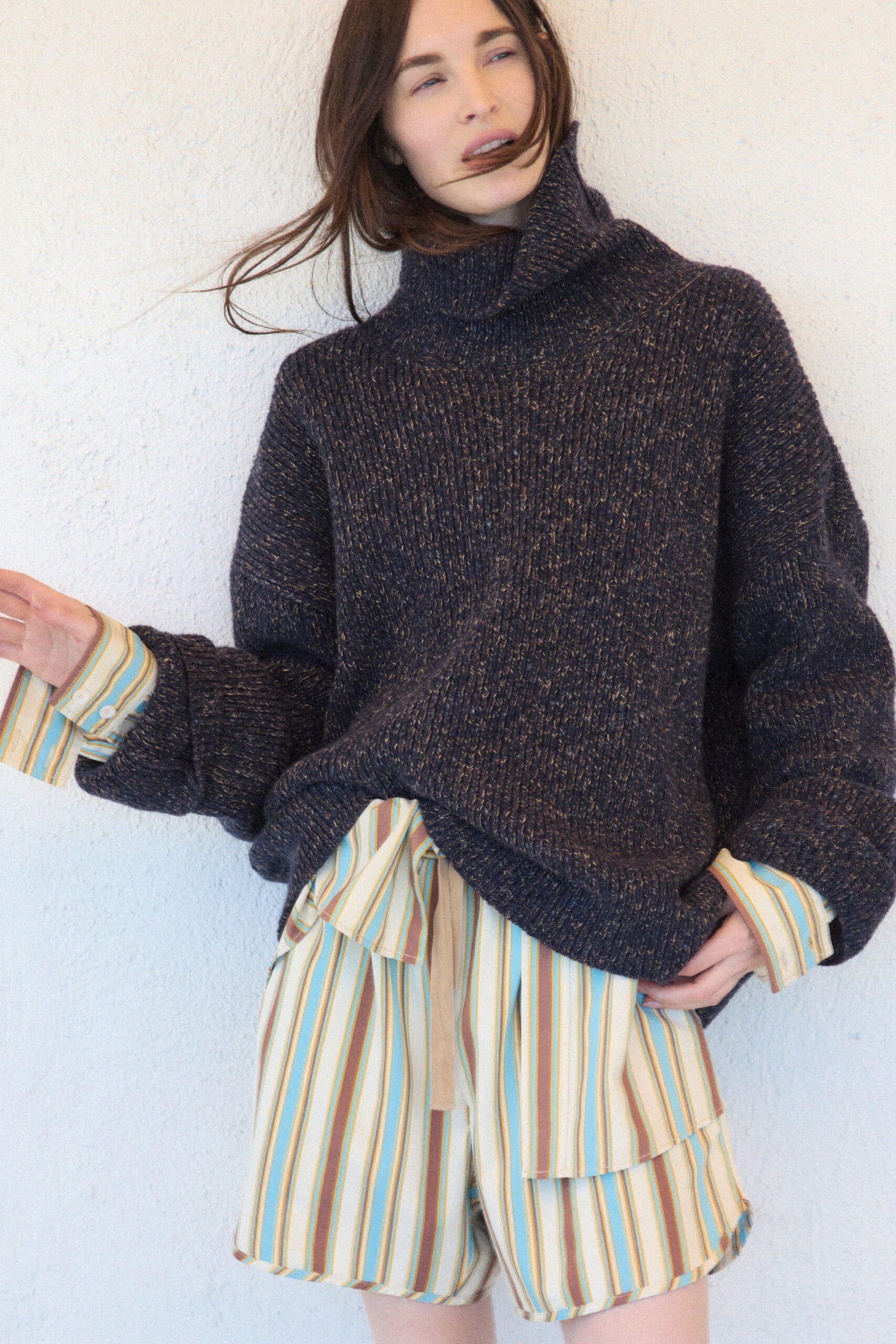 blue wool long-sleeve turtleneck oversized textured sweater