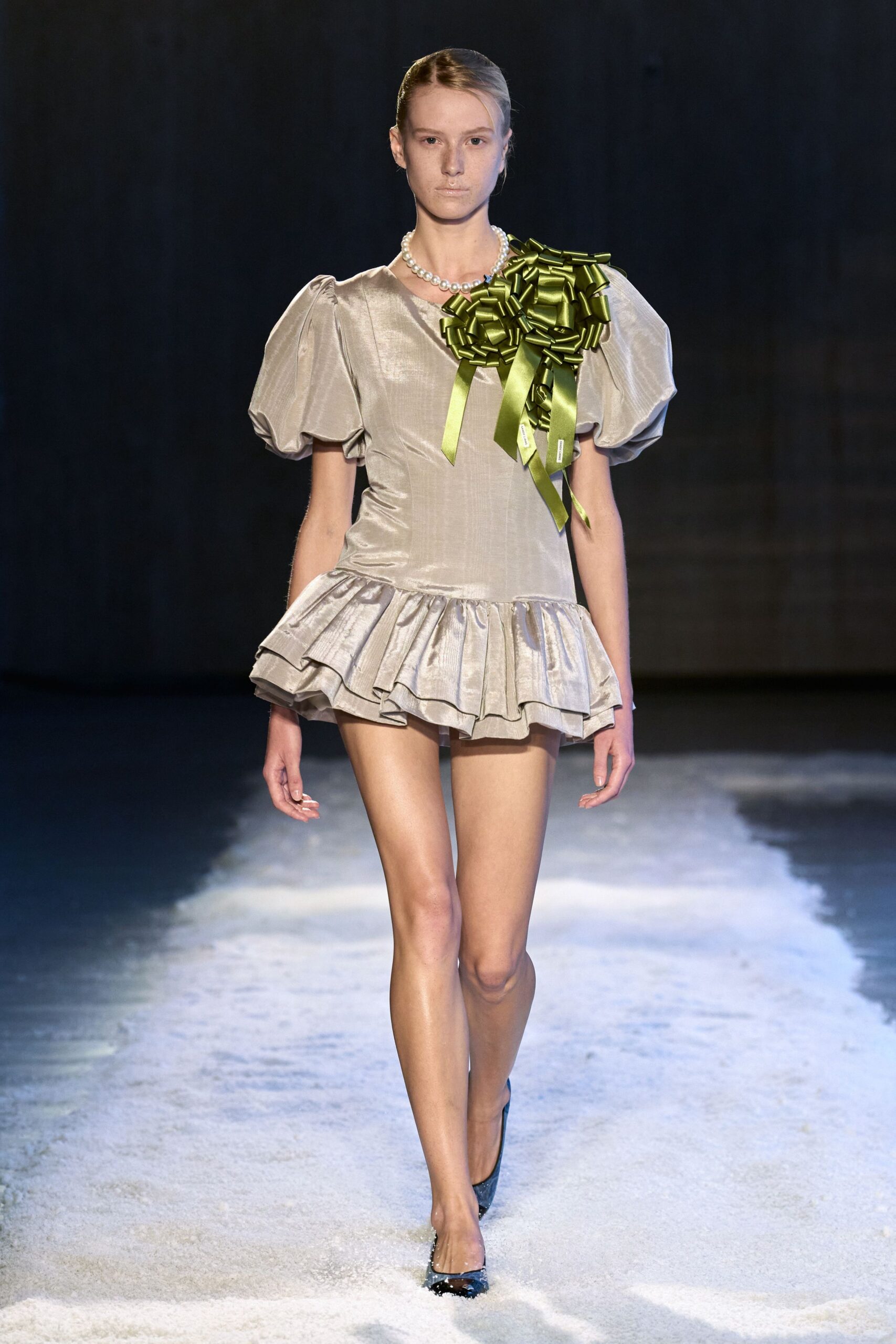gray silk short-sleeve square-neck fitted ruffled pleated dress