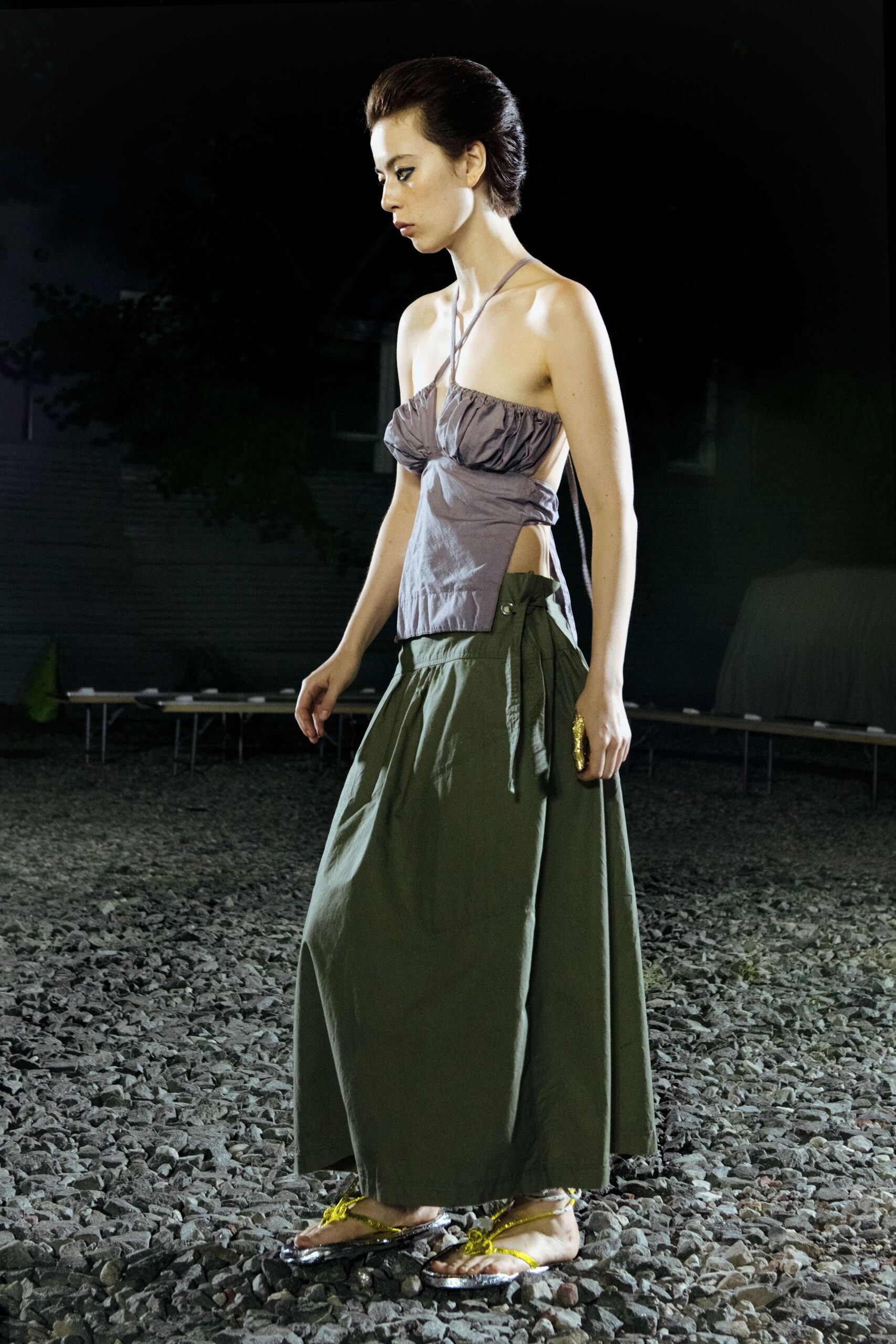 green cotton relaxed tiered maxi skirt