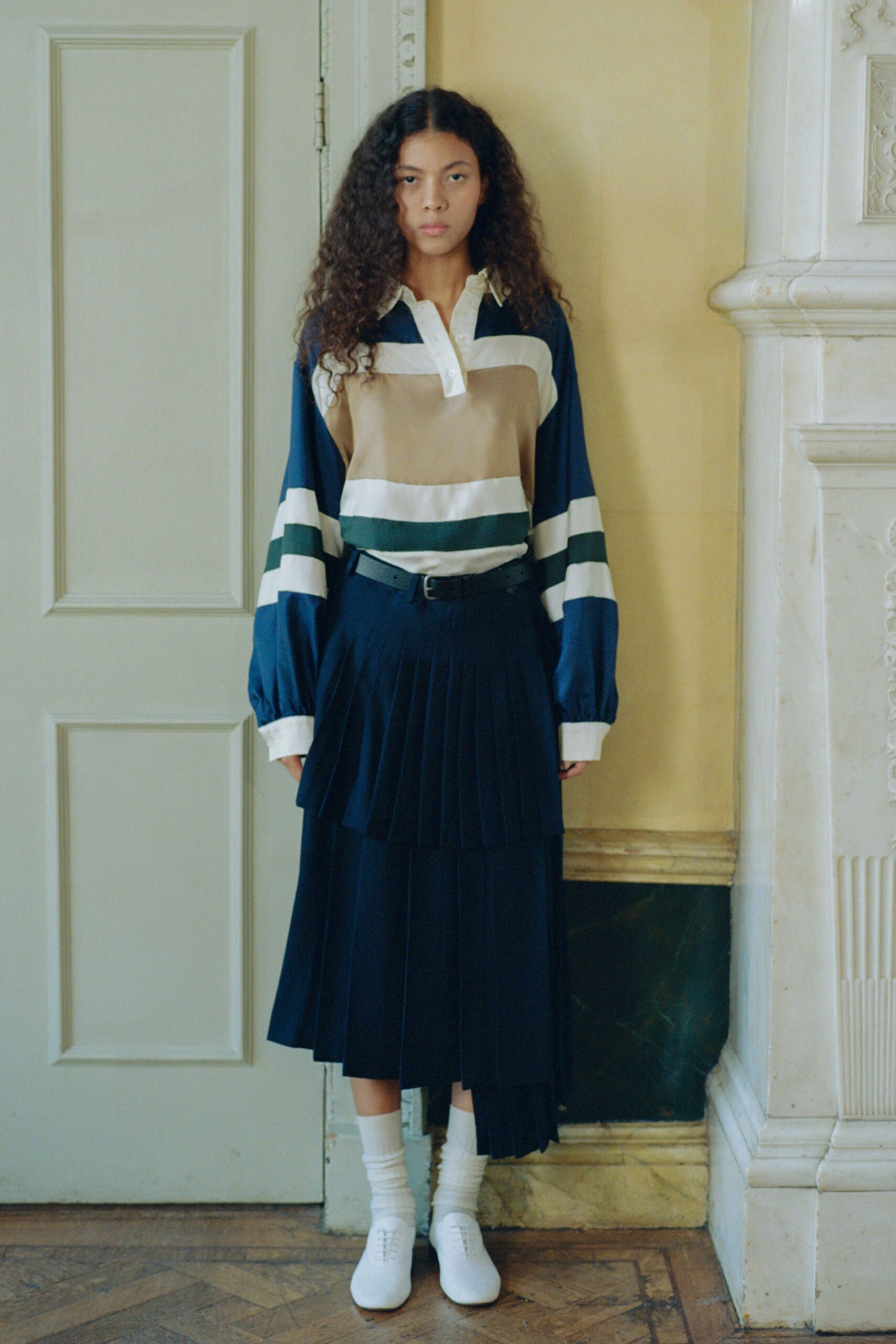 beige cotton long-sleeve collared relaxed striped shirt