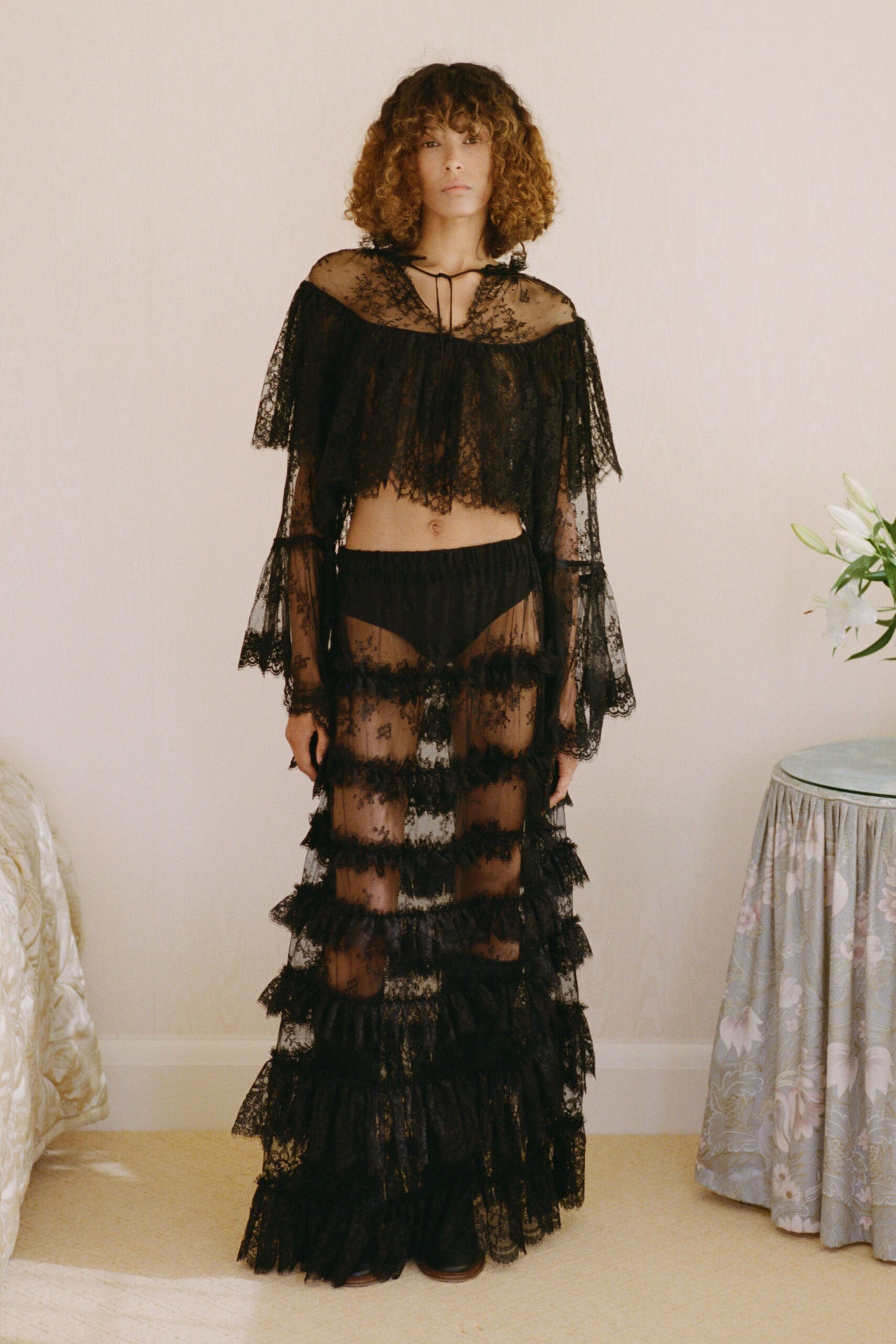 black lace layered top and skirt