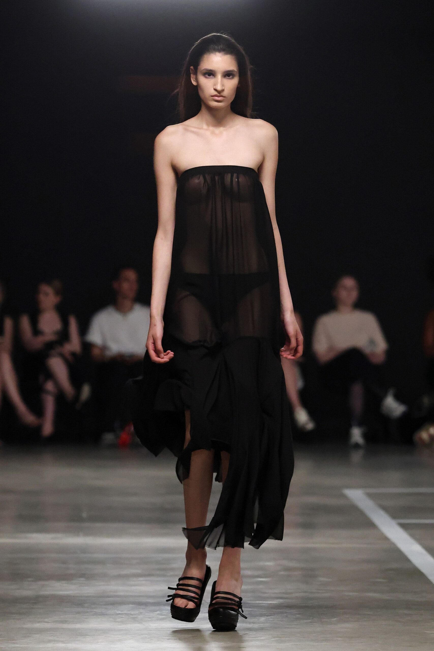 black sheer midi dress with platform shoes