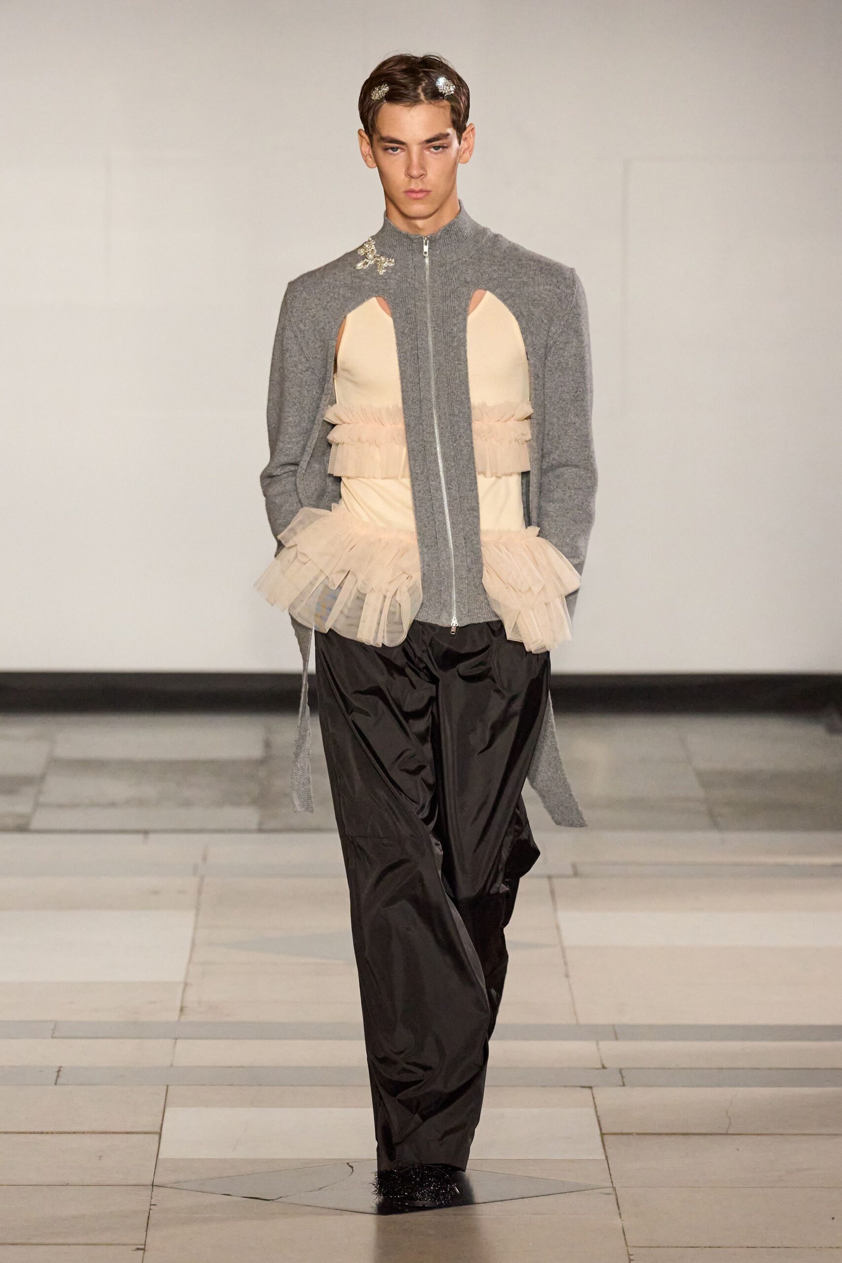 gray wool long-sleeve collared fitted zippered layered coat