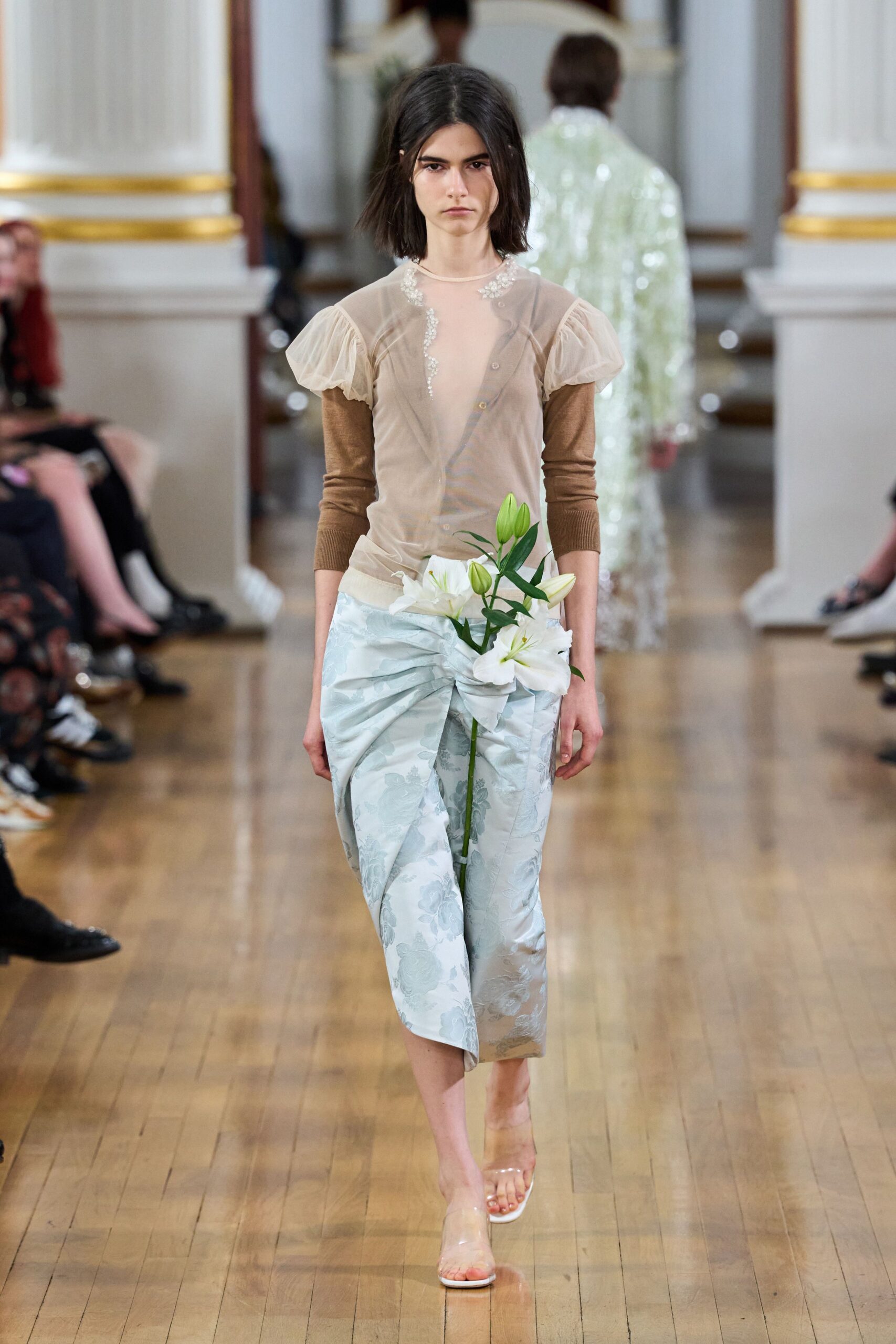 beige silk long-sleeve v-neck fitted pleated top