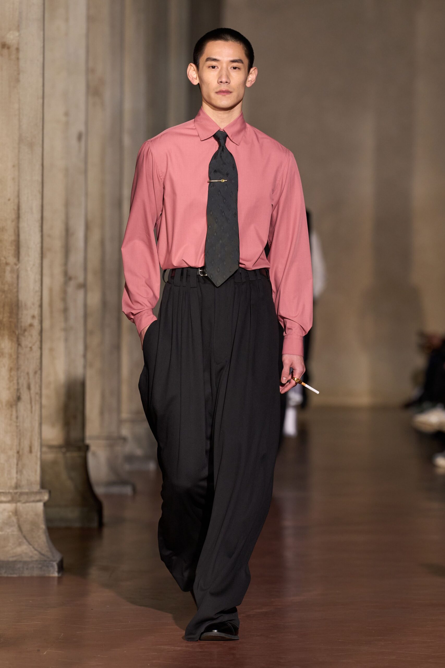 pink relaxed shirt with black pants