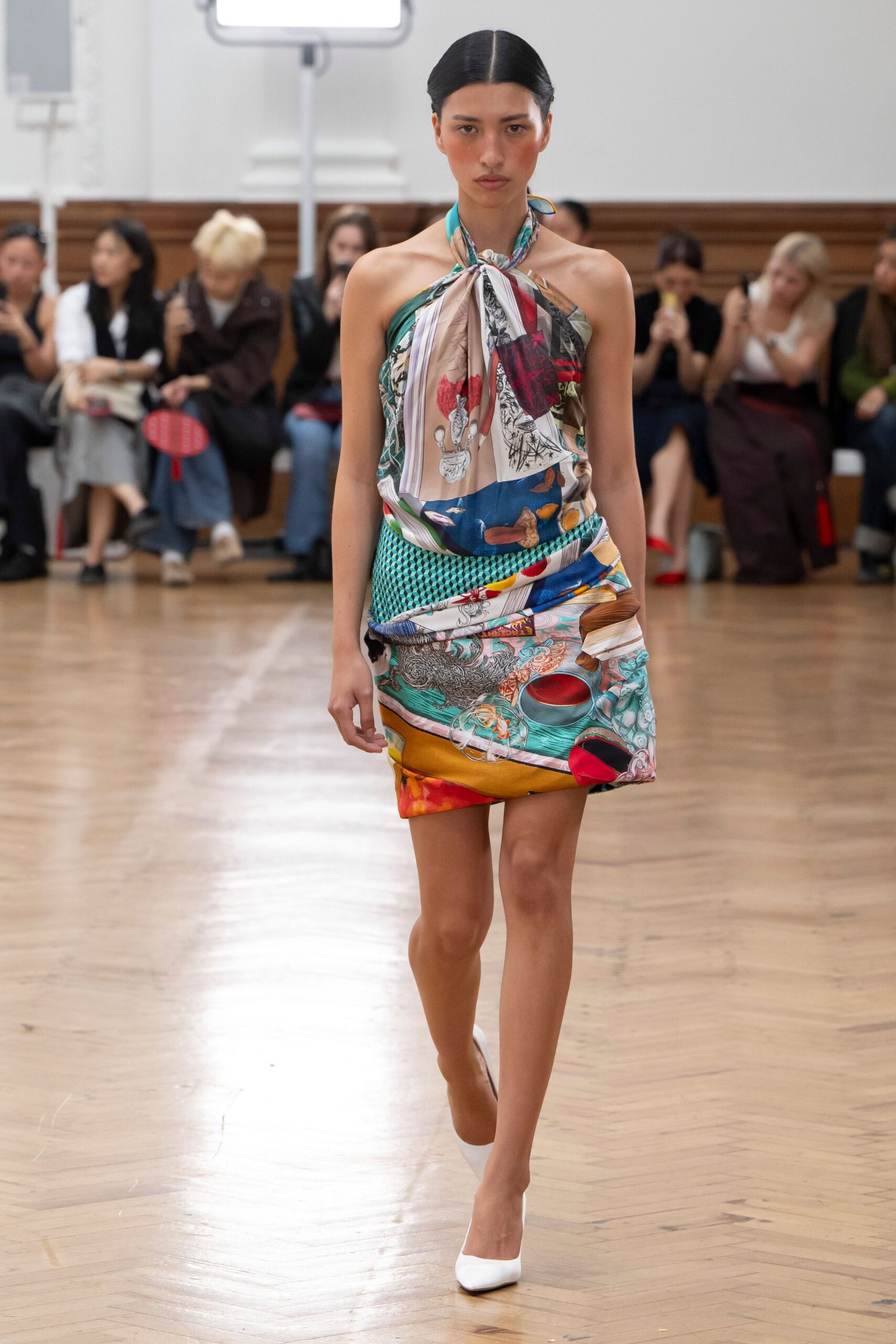 multi silk sleeveless halter fitted draped short top