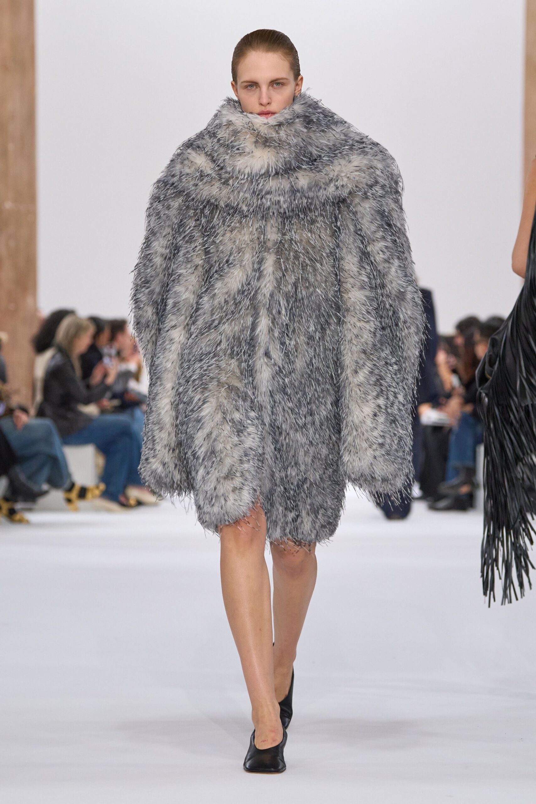 gray fur long-sleeve high-neck oversized fringed coat
