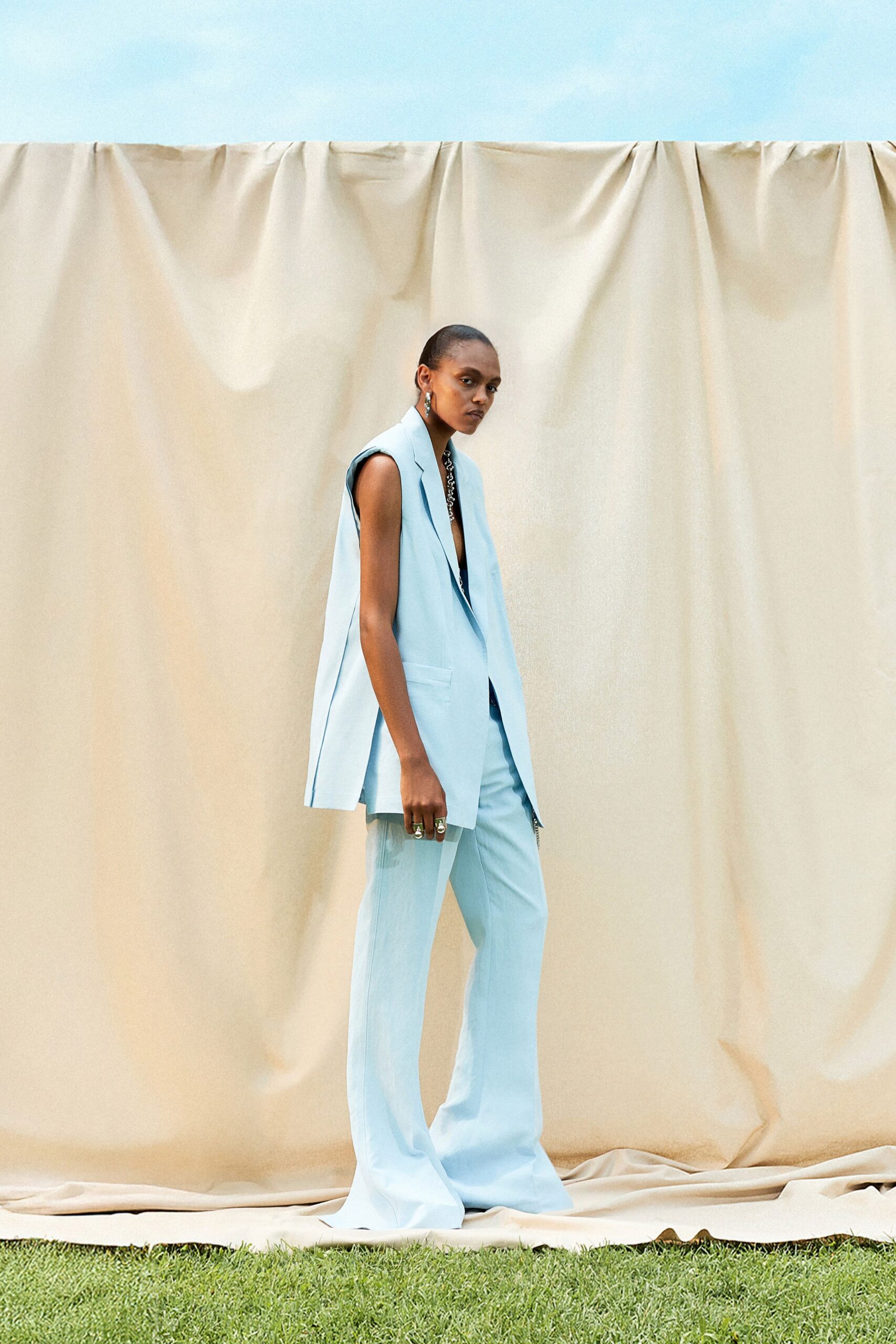 blue cotton sleeveless v-neck oversized blazer
