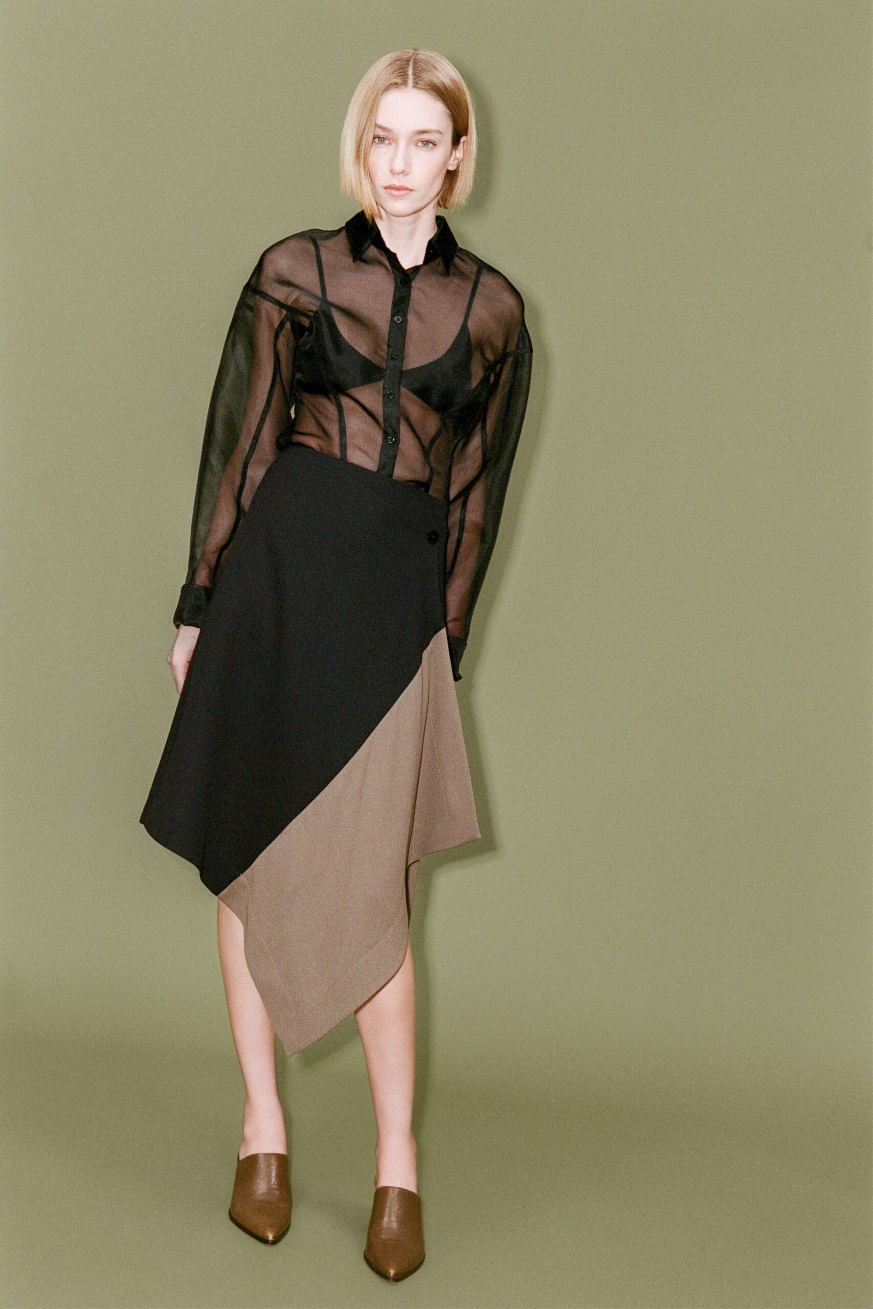 black silk long-sleeve collared fitted sheer shirt