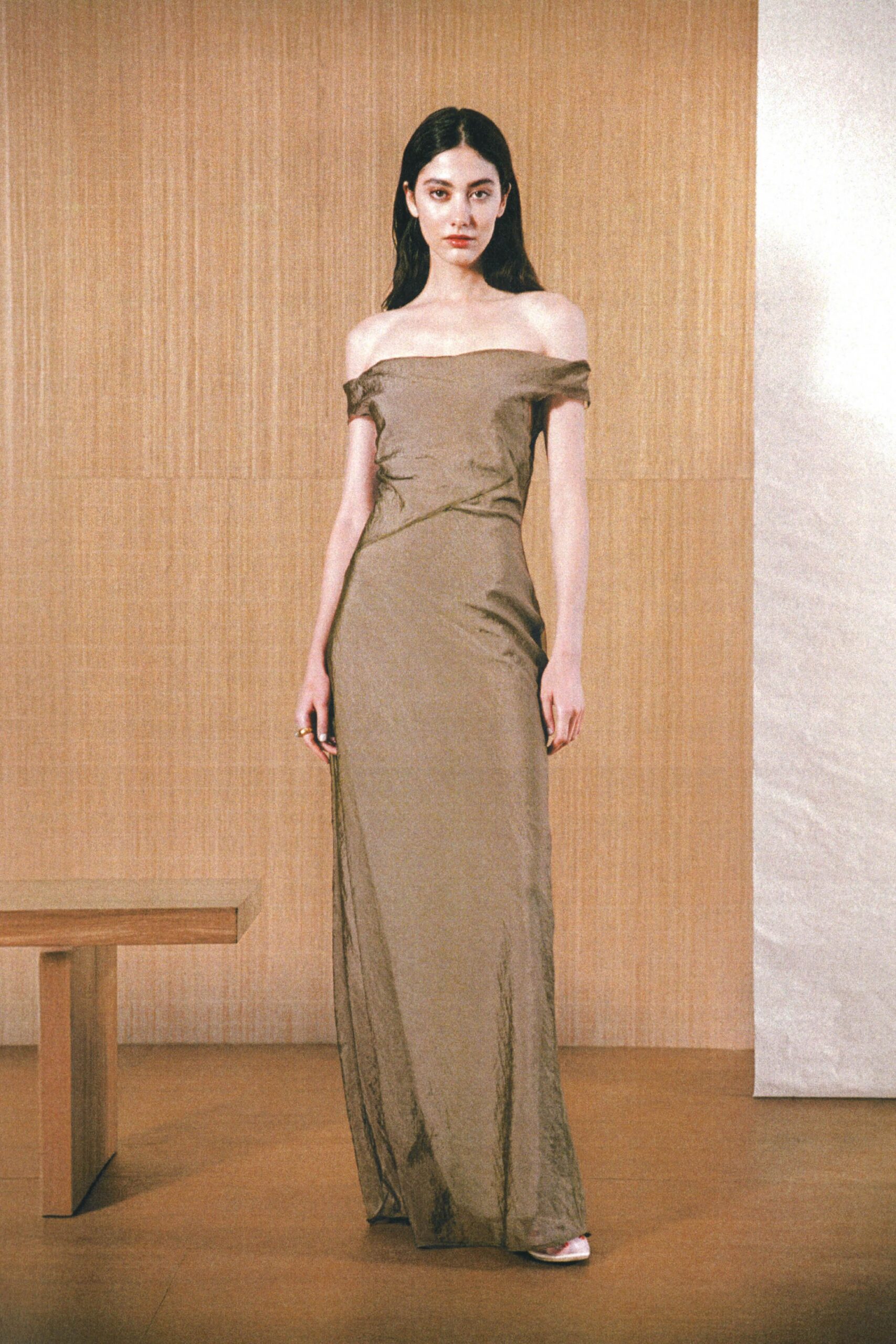 beige silk off-shoulder gown