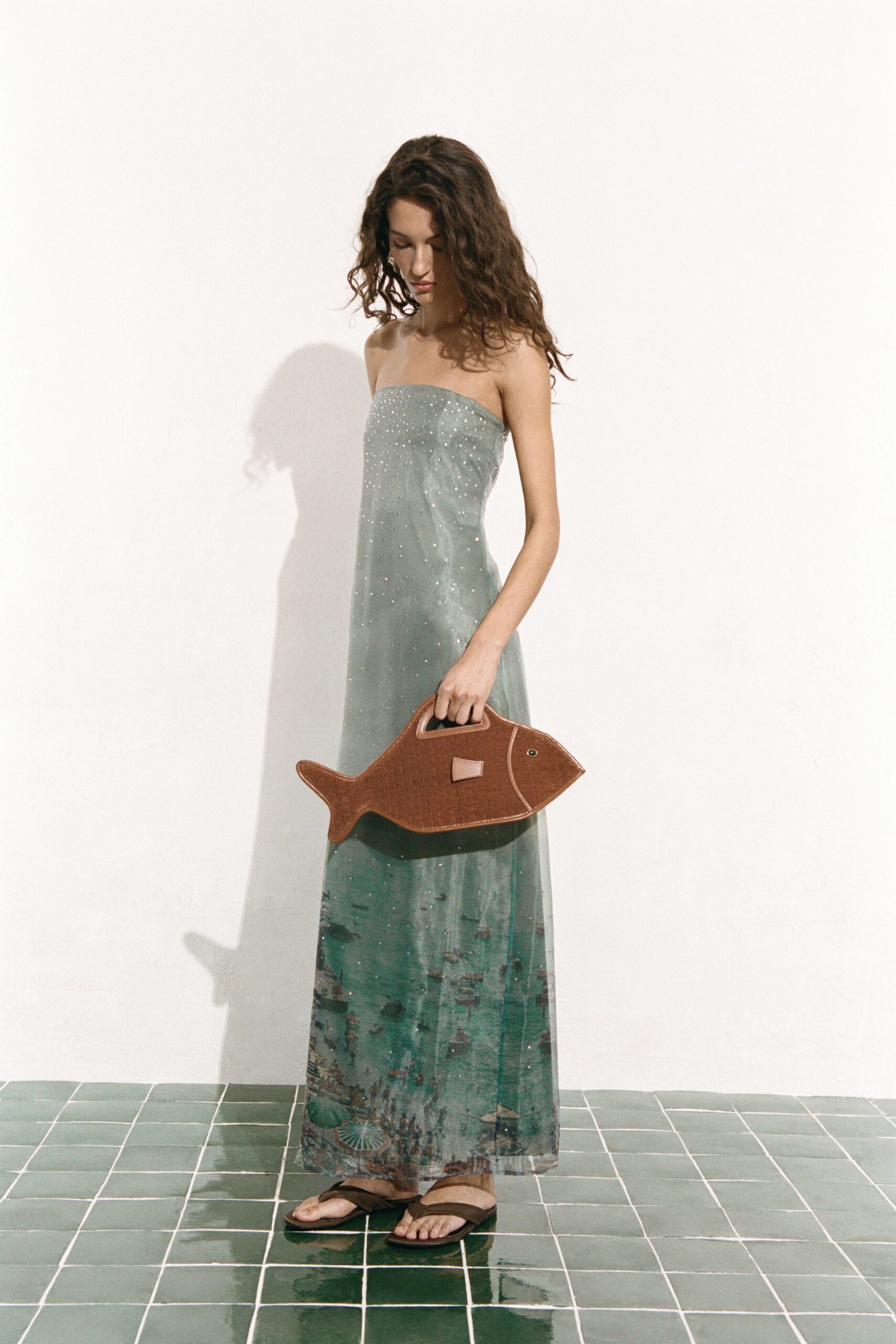 green silk strapless fitted embellished sheer maxi gown