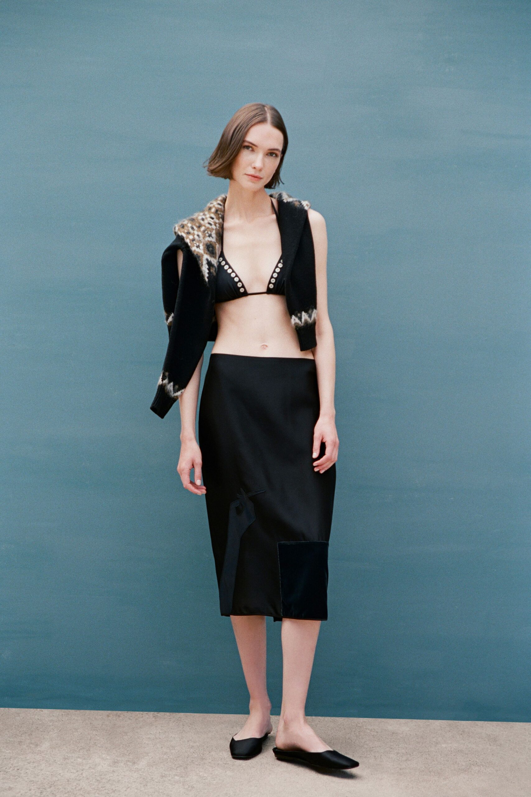 black silk bra and skirt outfit