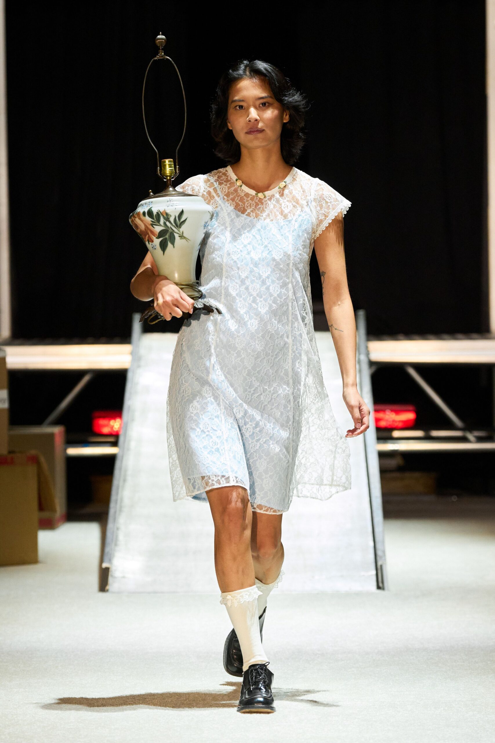 white lace short-sleeve v-neck relaxed pleated sheer dress