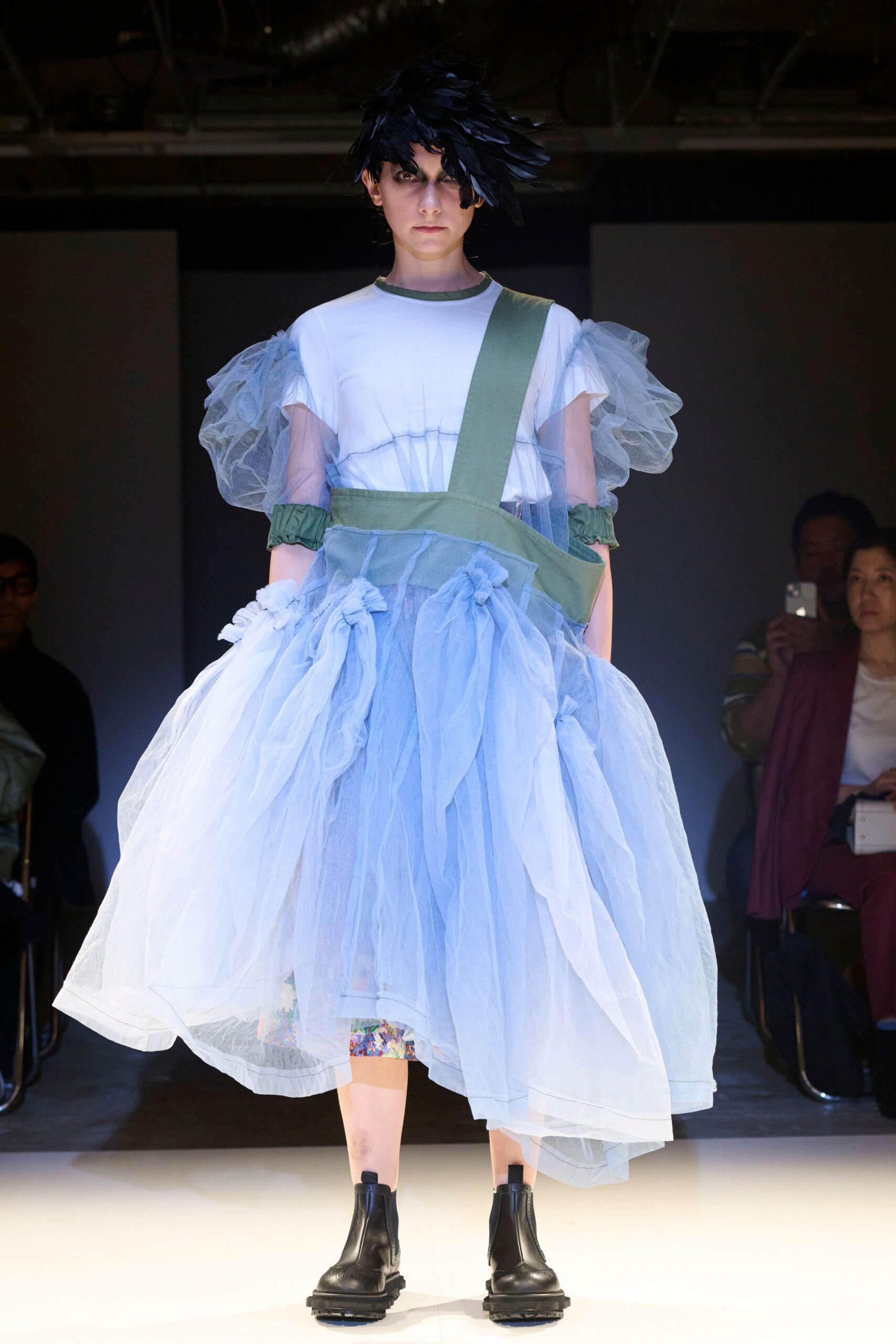 blue tulle sleeveless high-neck relaxed layered pleated dress