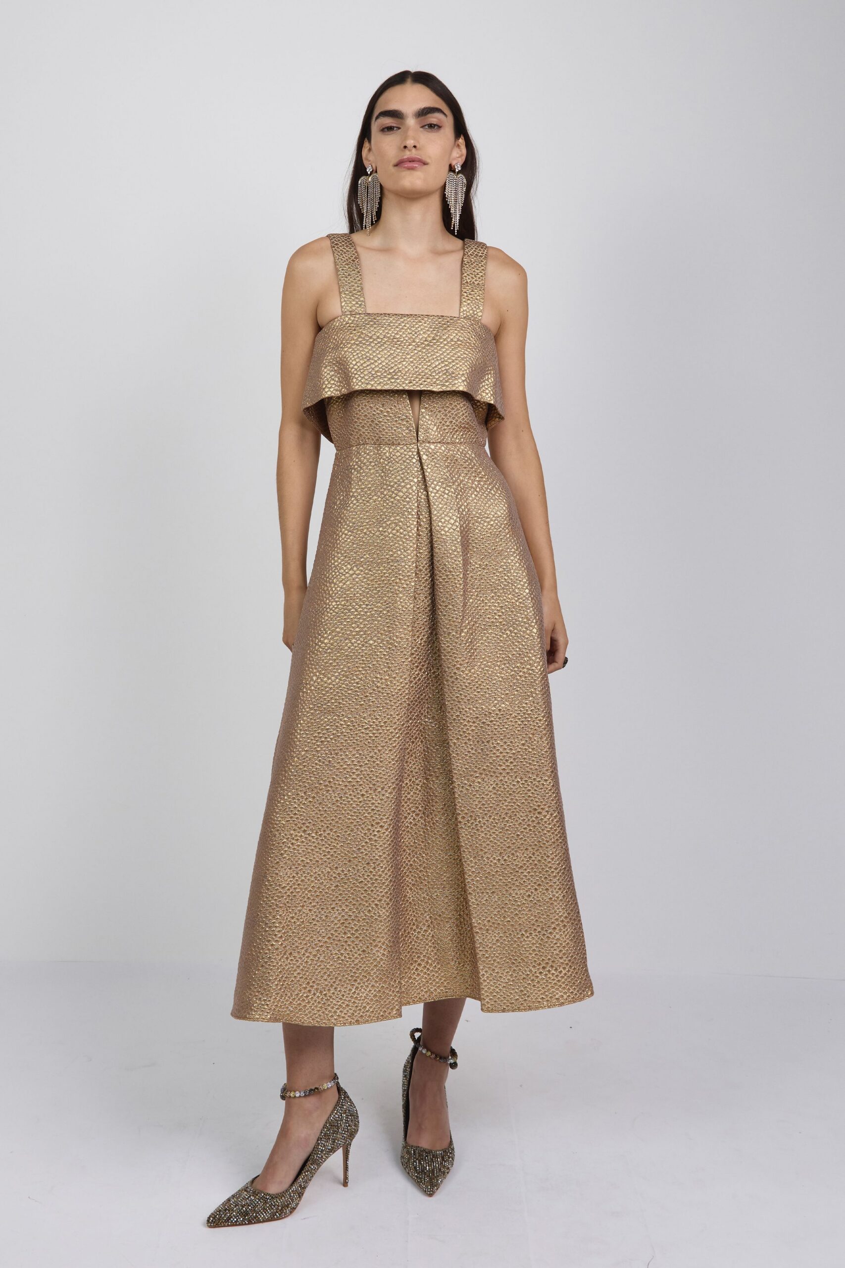 gold metallic sleeveless v-neck fitted pleated shiny dress