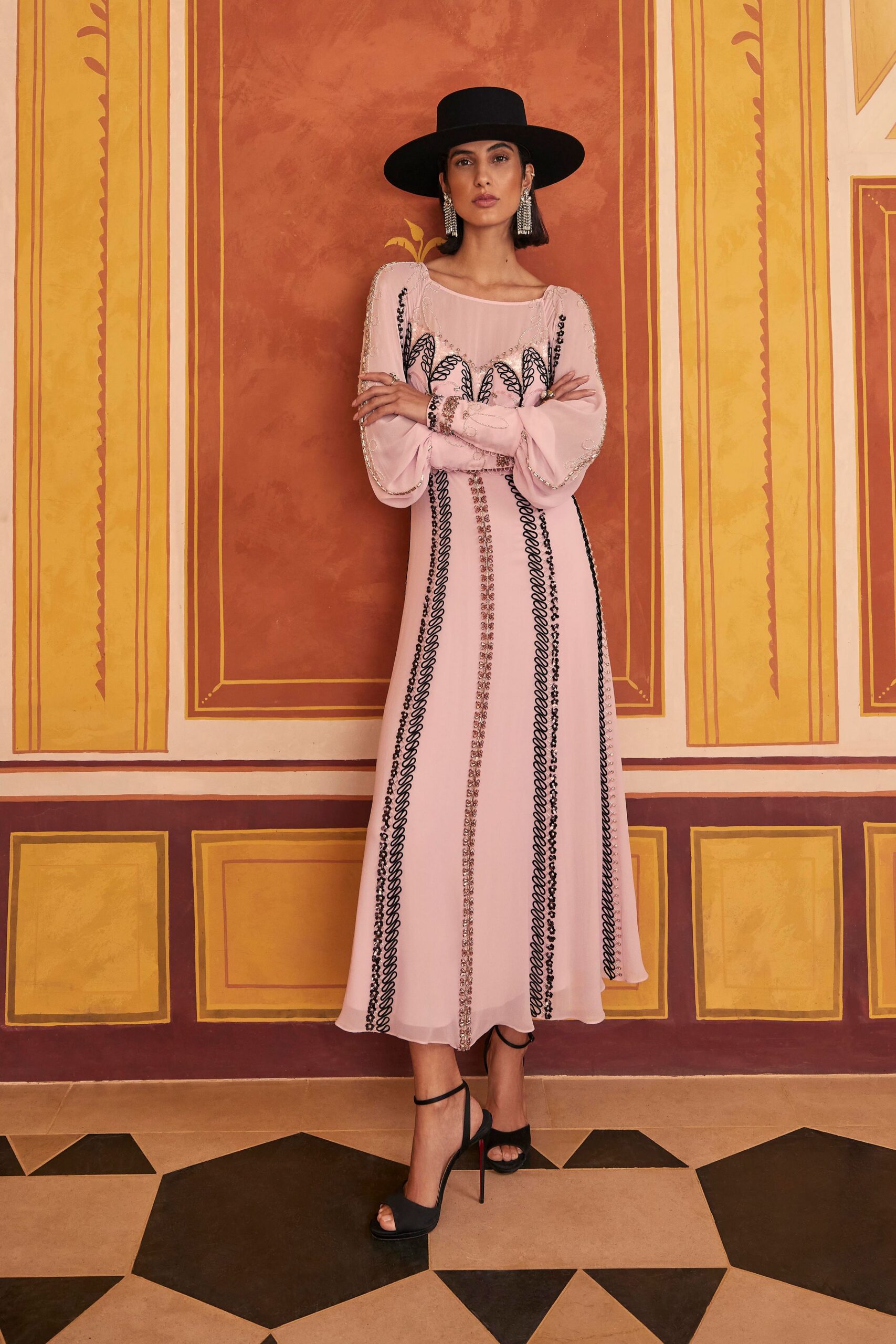 pink embroidered midi dress