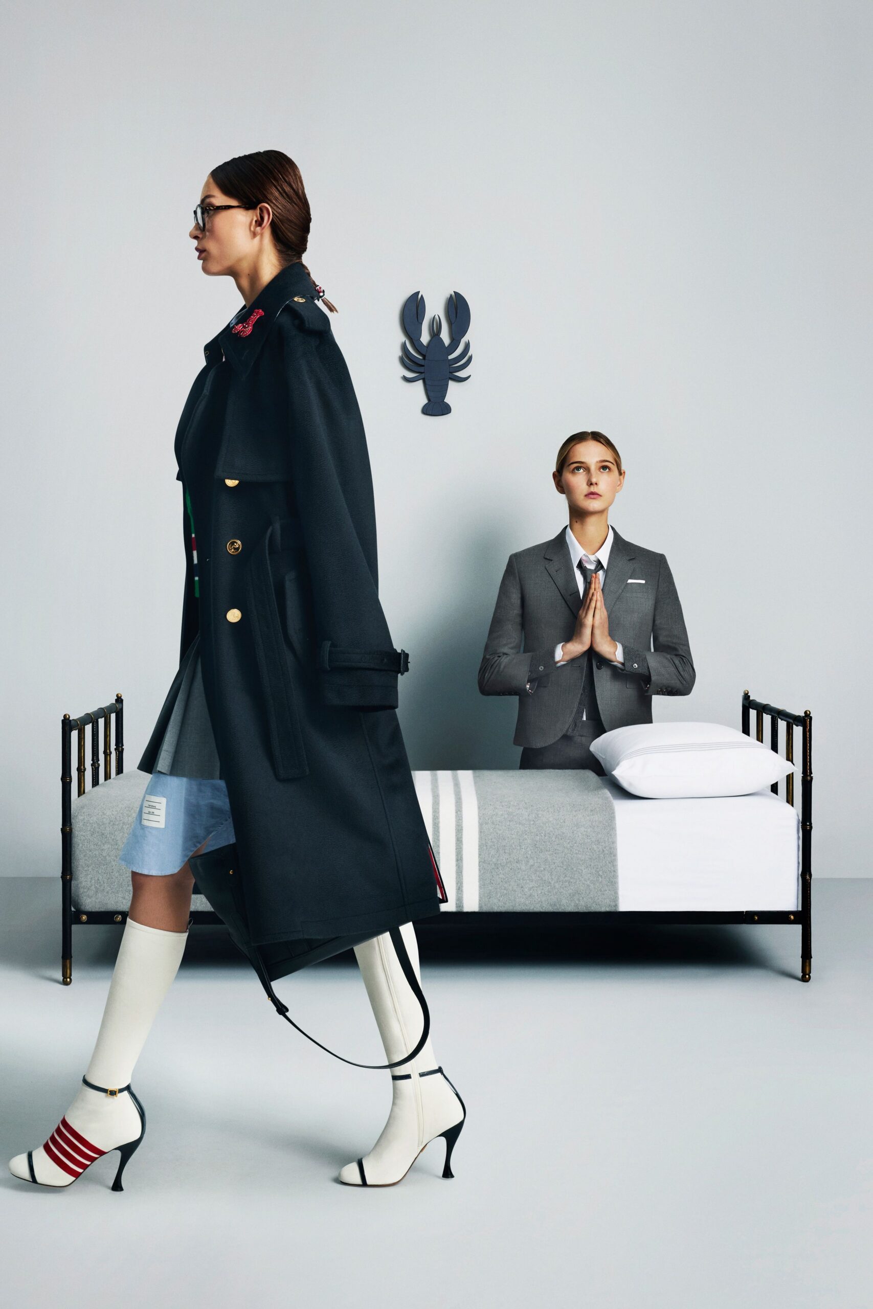 black wool coat with blue skirt