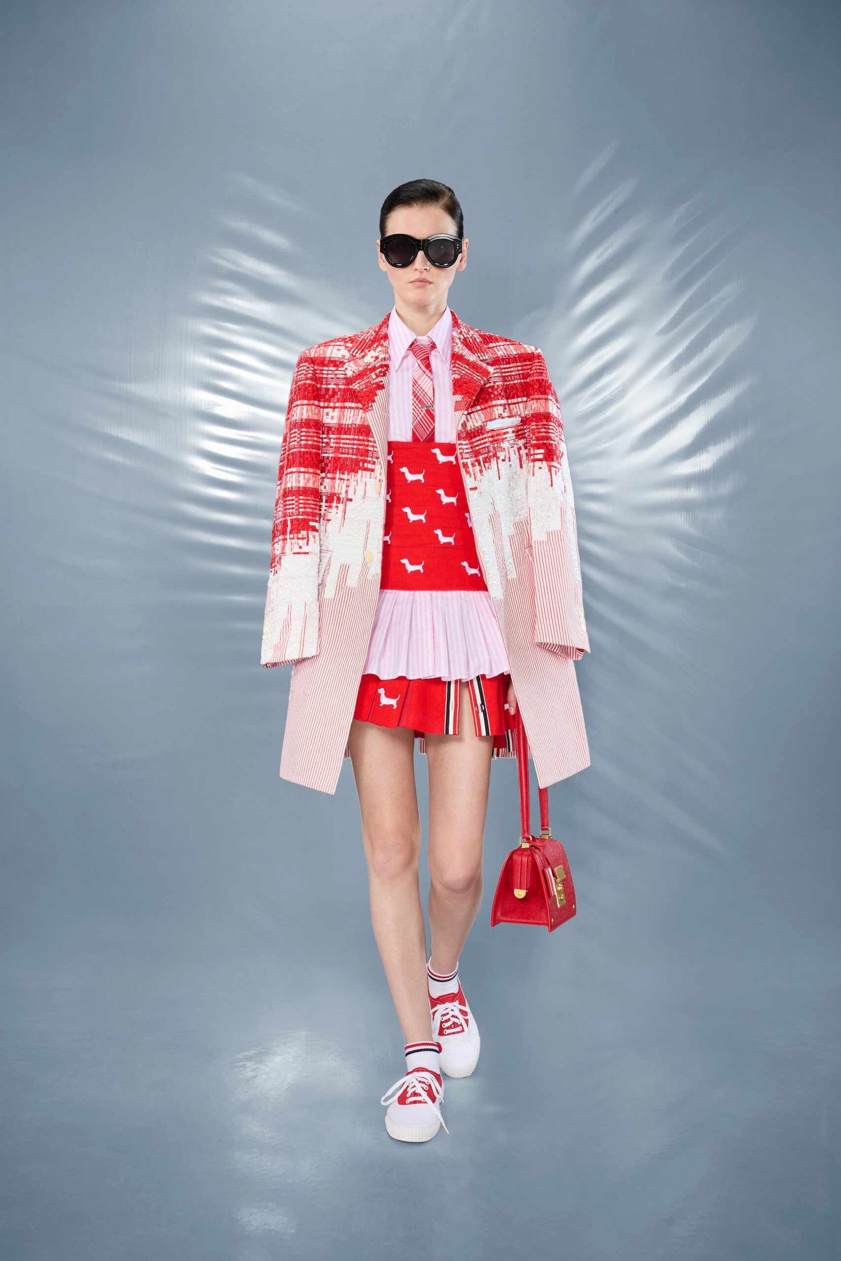 red cotton long-sleeve collared oversized layered printed coat