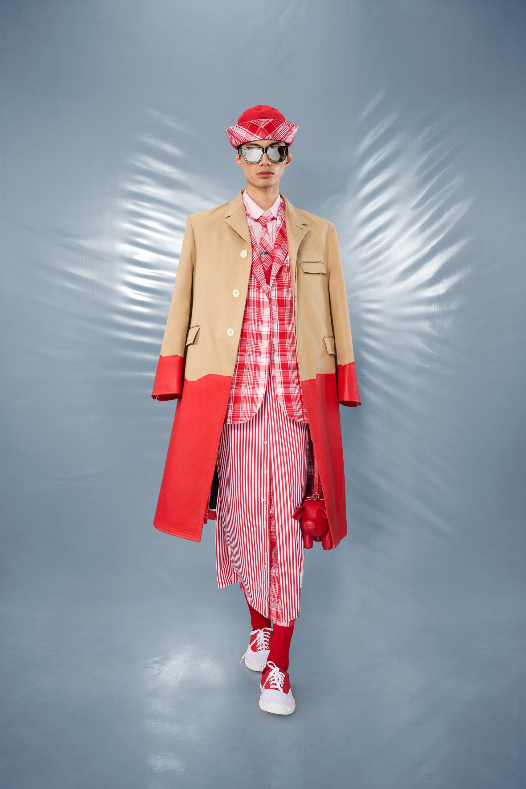 red long-sleeve collared tailored checked blazer