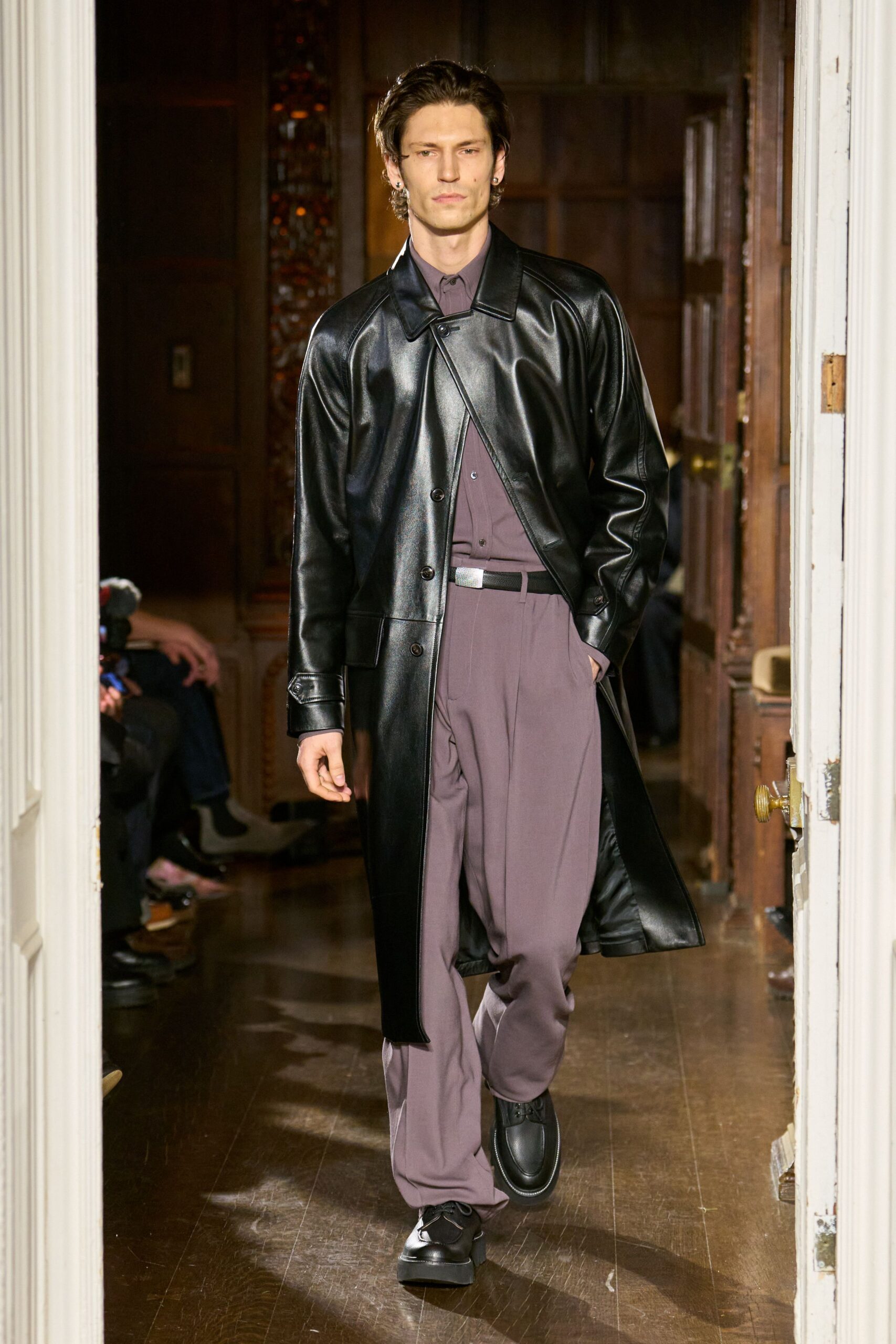 black leather coat gray pants