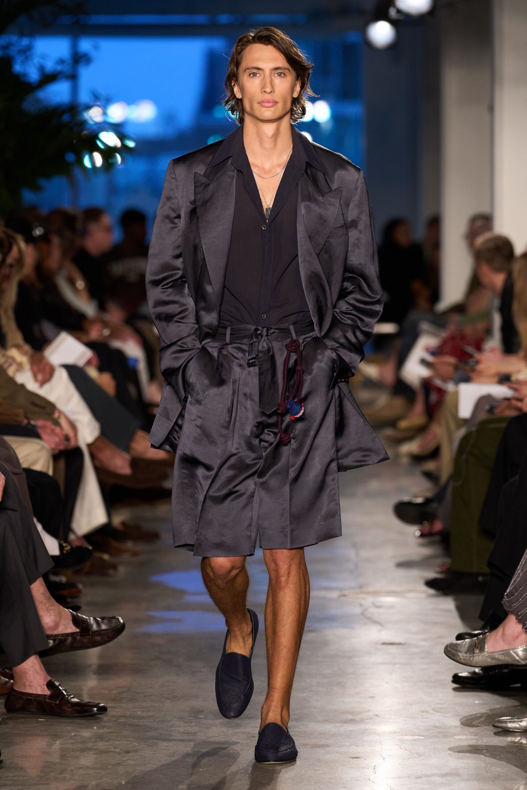 blue silk long-sleeve collared relaxed belted short coat