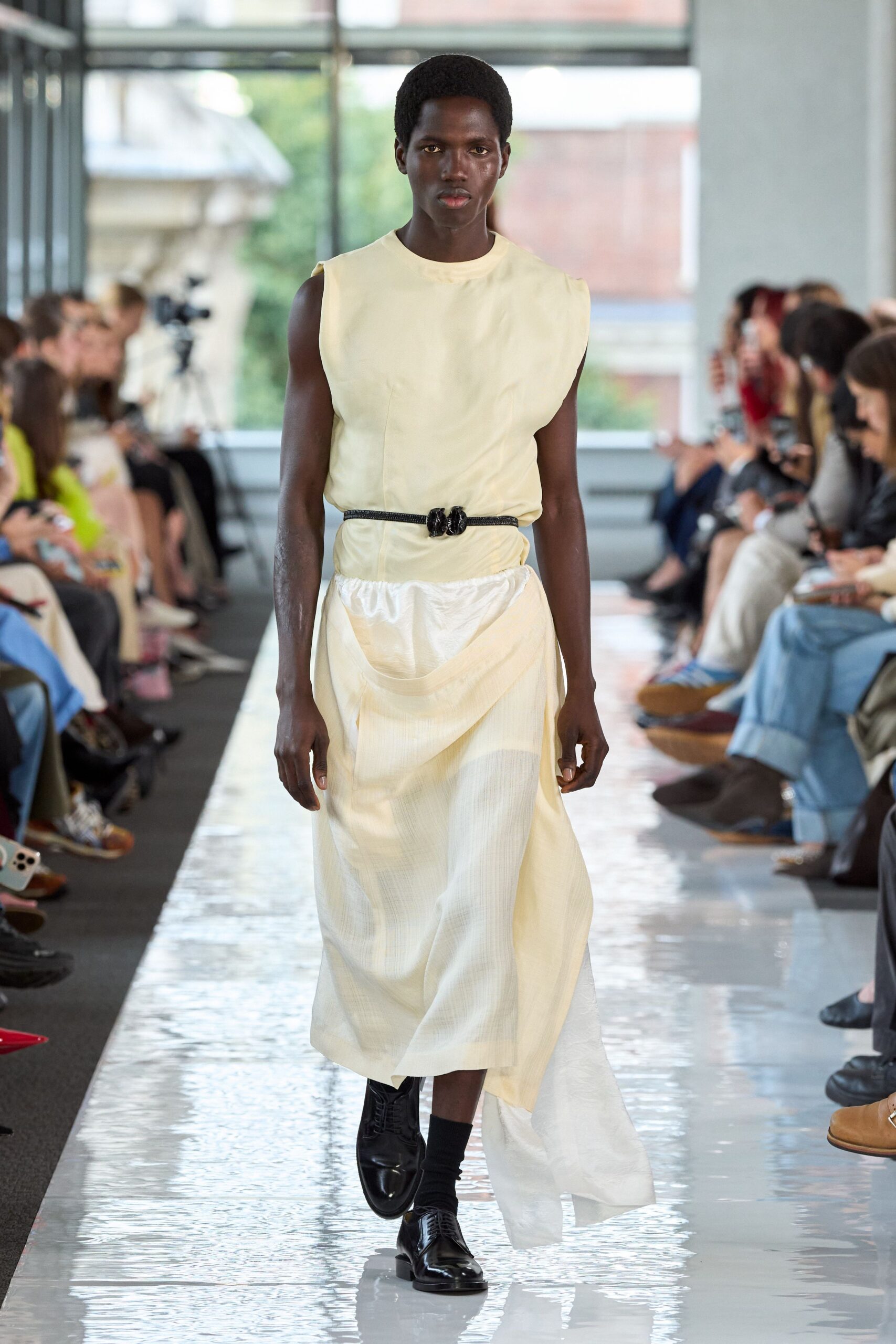 yellow cotton sleeveless high-neck fitted layered belted dress