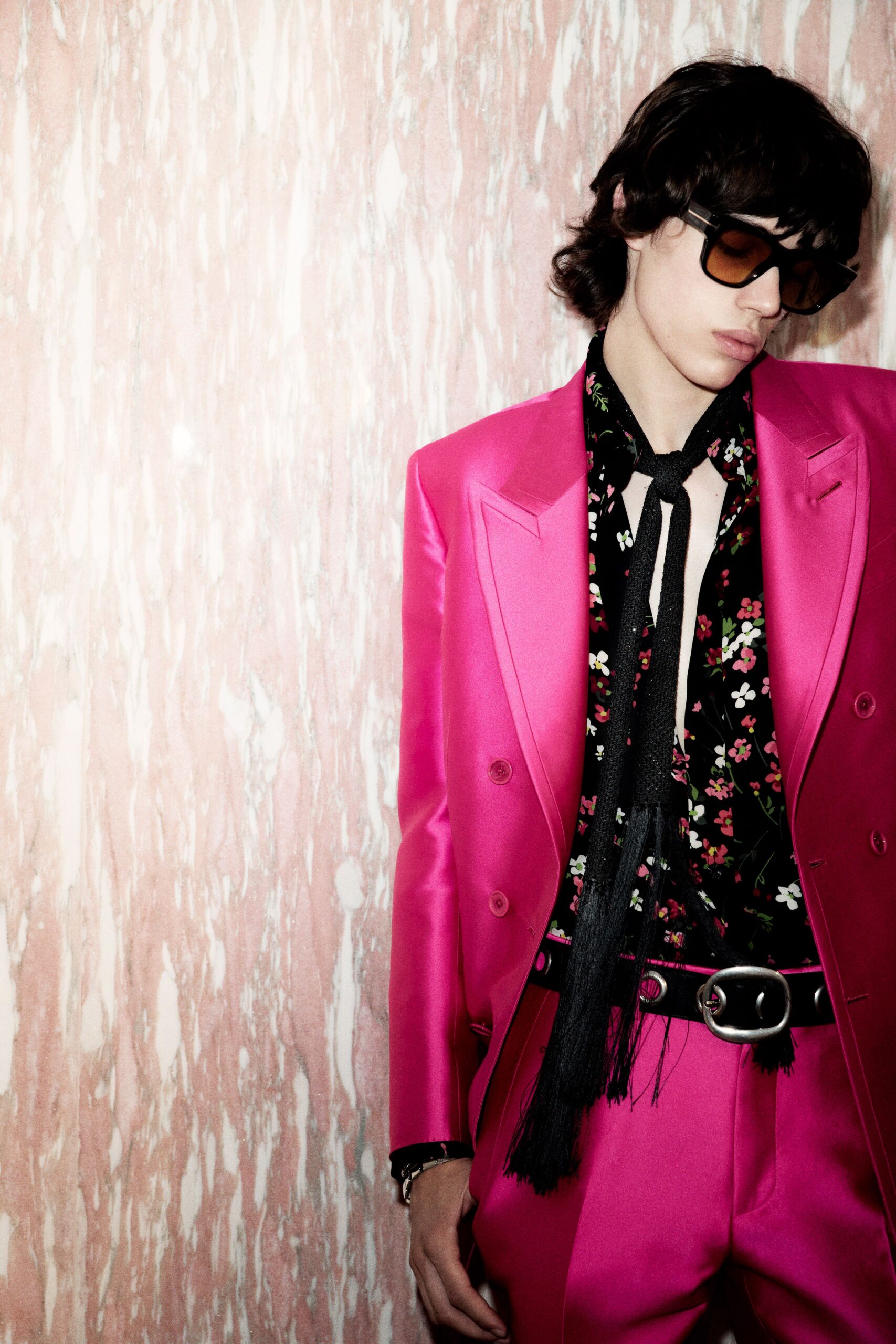 pink silk long-sleeve collared tailored floral buttoned suit