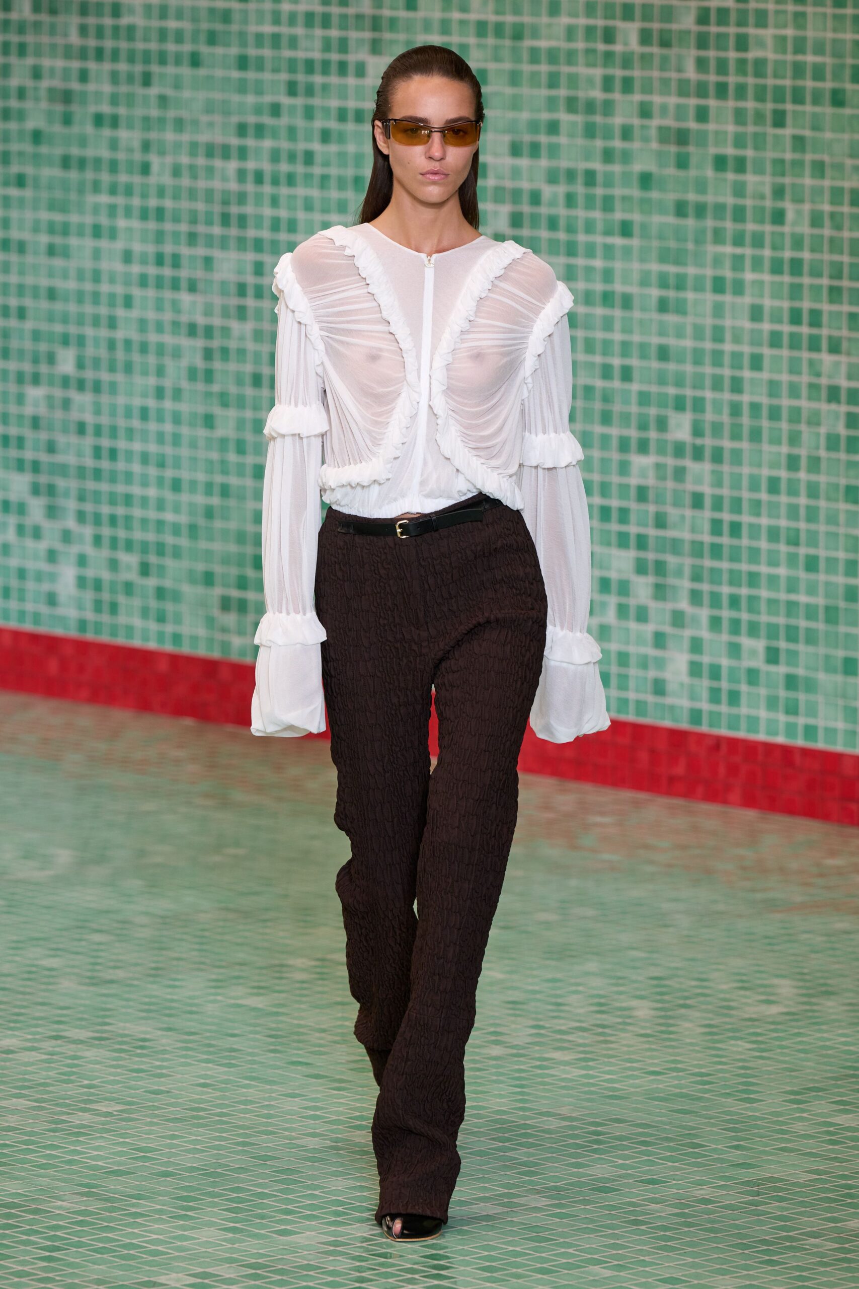 white chiffon long-sleeve v-neck fitted ruffled draped blouse
