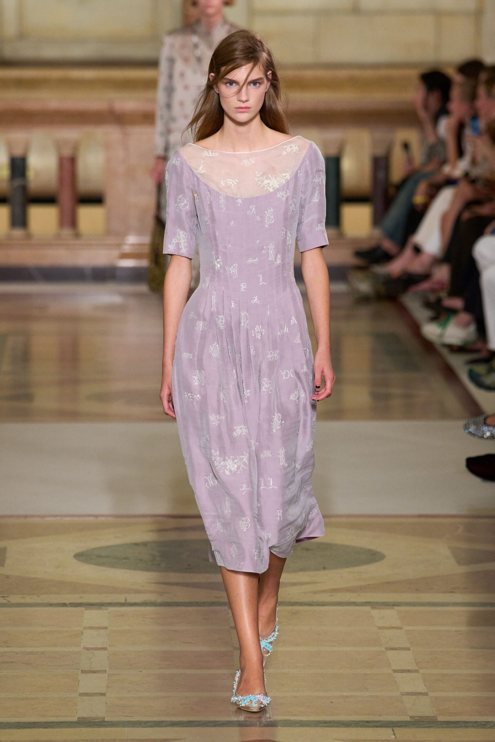 purple silk midi dress with embellished shoes